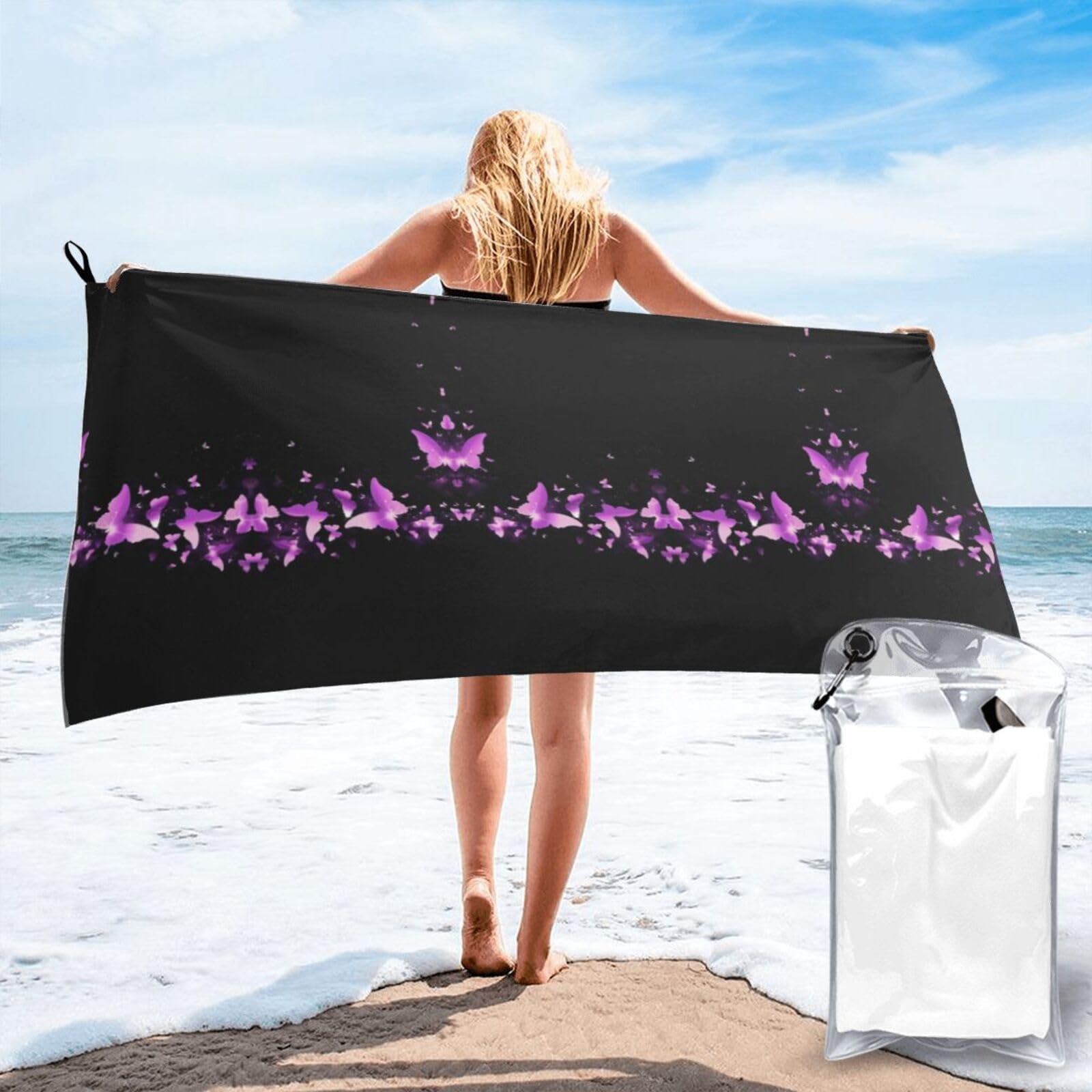 JIUTY Butterfly Purple Print Fast Dry Beach Towel Portable For Swimming Travel Gym Hiking Gift