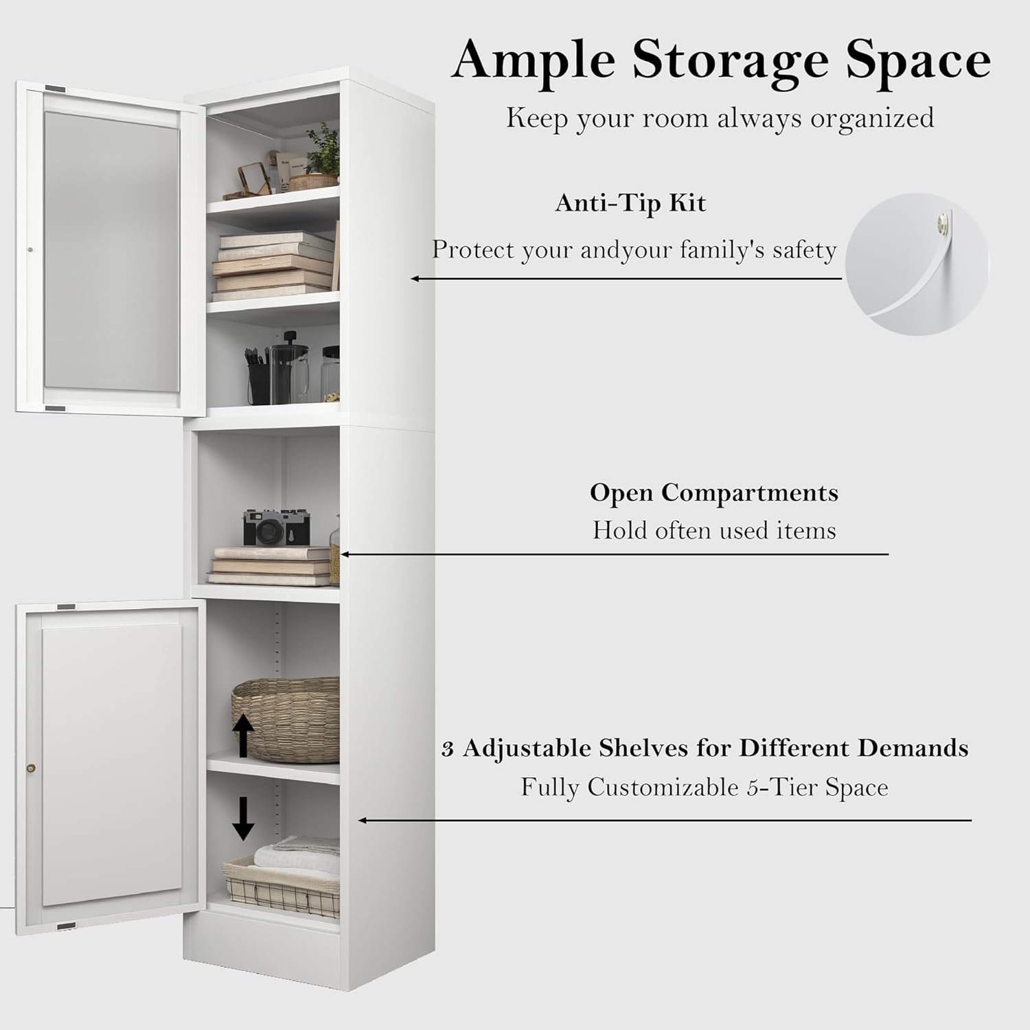 Image showing the interior of the cabinet with adjustable shelves, an anti-tip kit, and open compartments.
