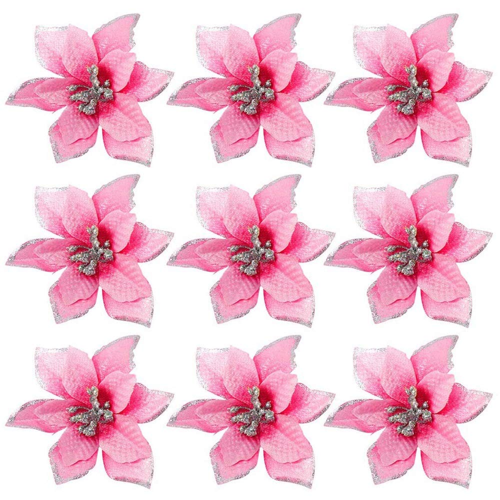 CTRLZS 50 Pack Glitter Poinsettia Christmas Tree Ornaments 5Inch Artificial Silk Flowers Picks Decor Wreath Garland (Pink)