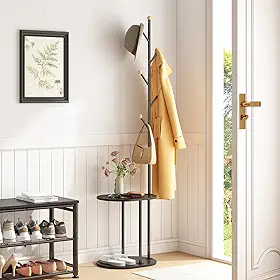 Cabideiro de Chão, Organizador de Roupas com Mesa Lateral e 6 Ganchos, Suporte para Casacos, Bolsas e Chapéus, Cabide de Entrada Estilo Moderno, Cor Preto