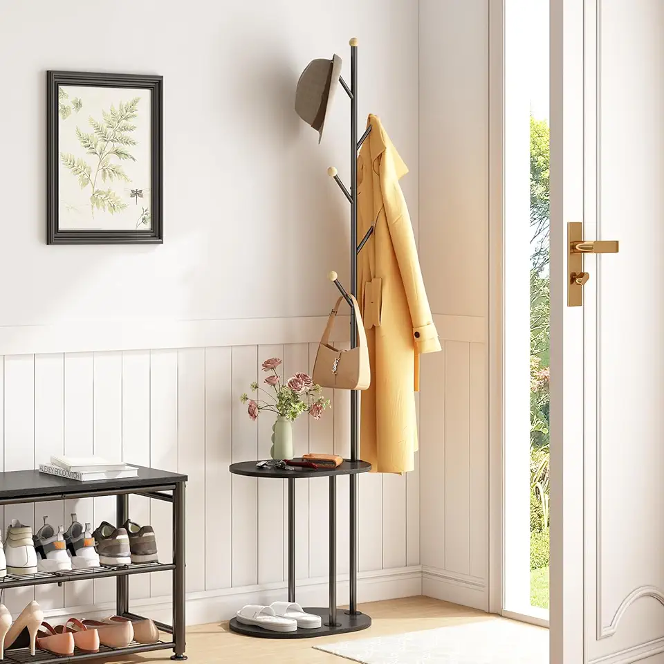 Cabideiro de Chão, Organizador de Roupas com Mesa Lateral e 6 Ganchos, Suporte para Casacos, Bolsas e Chapéus, Cabide de Entrada Estilo Moderno, Cor Preto