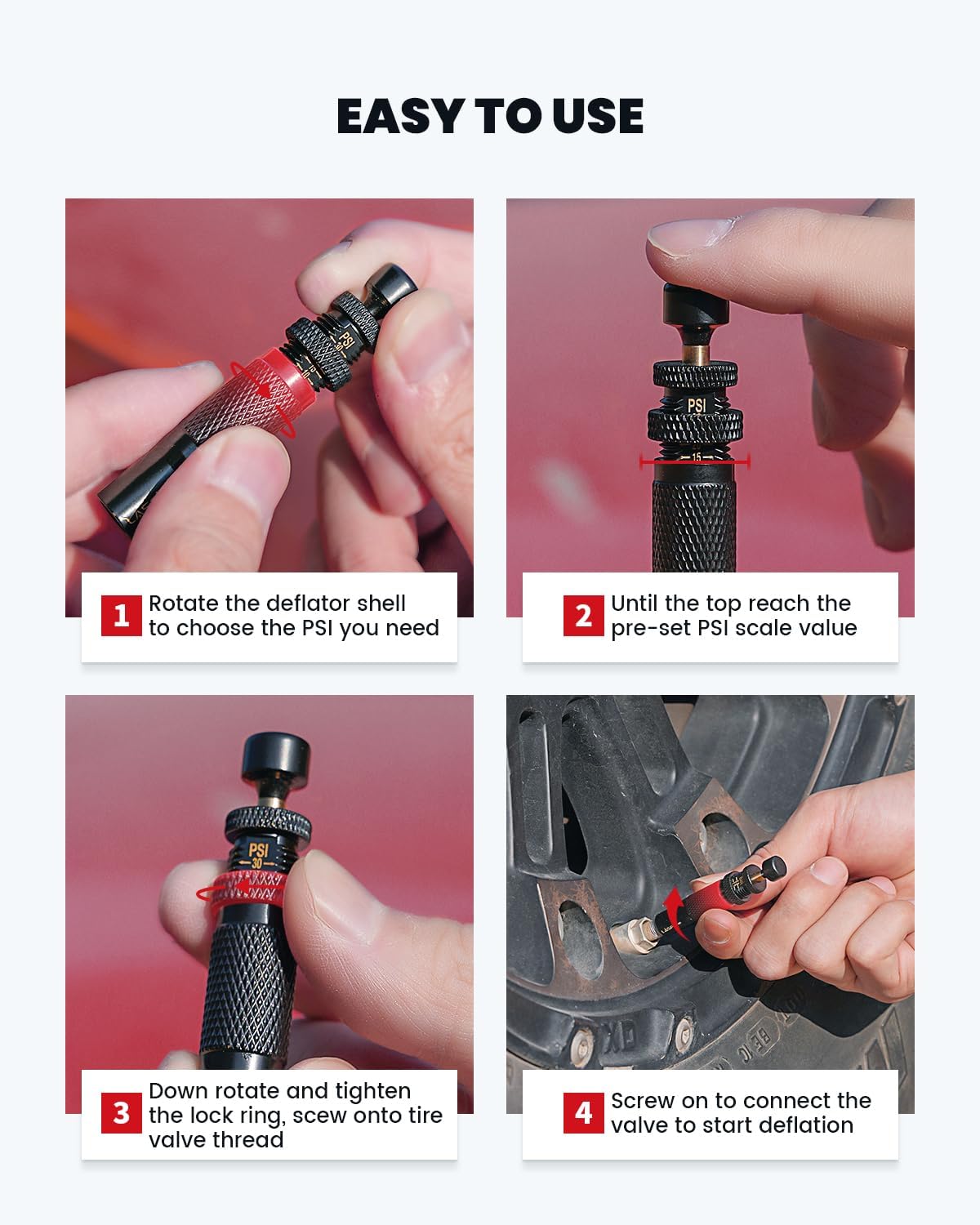 LASFIT AIR D4 Adjustable Auto Stop Tire Deflator Kit (10-30PSI) 4pcs Screw on Tyre Air Down Tool for Offroad 4X4 Overlanding (with 4 Valve Caps)