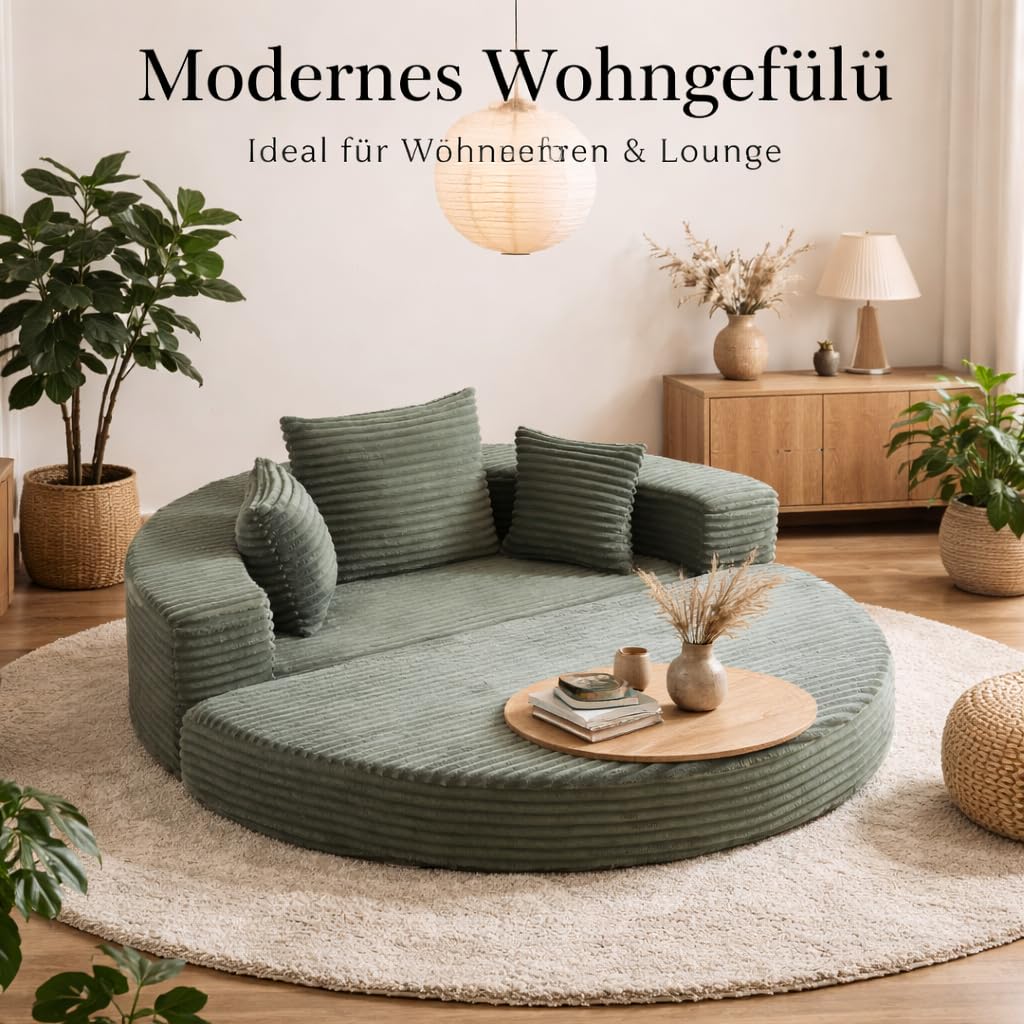 2-in-1 Schlafsofa Rundliege 180×180 cm, Faltbares Cordstoff Sofa Bett mit Kissen, Halbkreis Sofa zu Rundbett Ausziehbar, Boden Schlafsofa für Wohnzimmer, Balkon & Lounge (Grün)