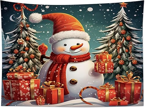Miniatura 5 de HVEST Tapiz navideño de muñeco de nieve para colgar en la pared, divertido muñeco de nieve con sombrero rojo de Navidad y tapiz de regalo, tapiz de
