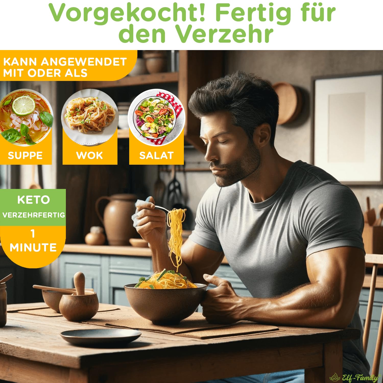 Elf-Family Pasta con Curcuma | Shirataki Superfood - 11kcal | 97% meno calorie | Low Carb/Keto/Shirataki Noodles/Vegani/Senza Glutine (270g x6 confezioni(12 pacchi))