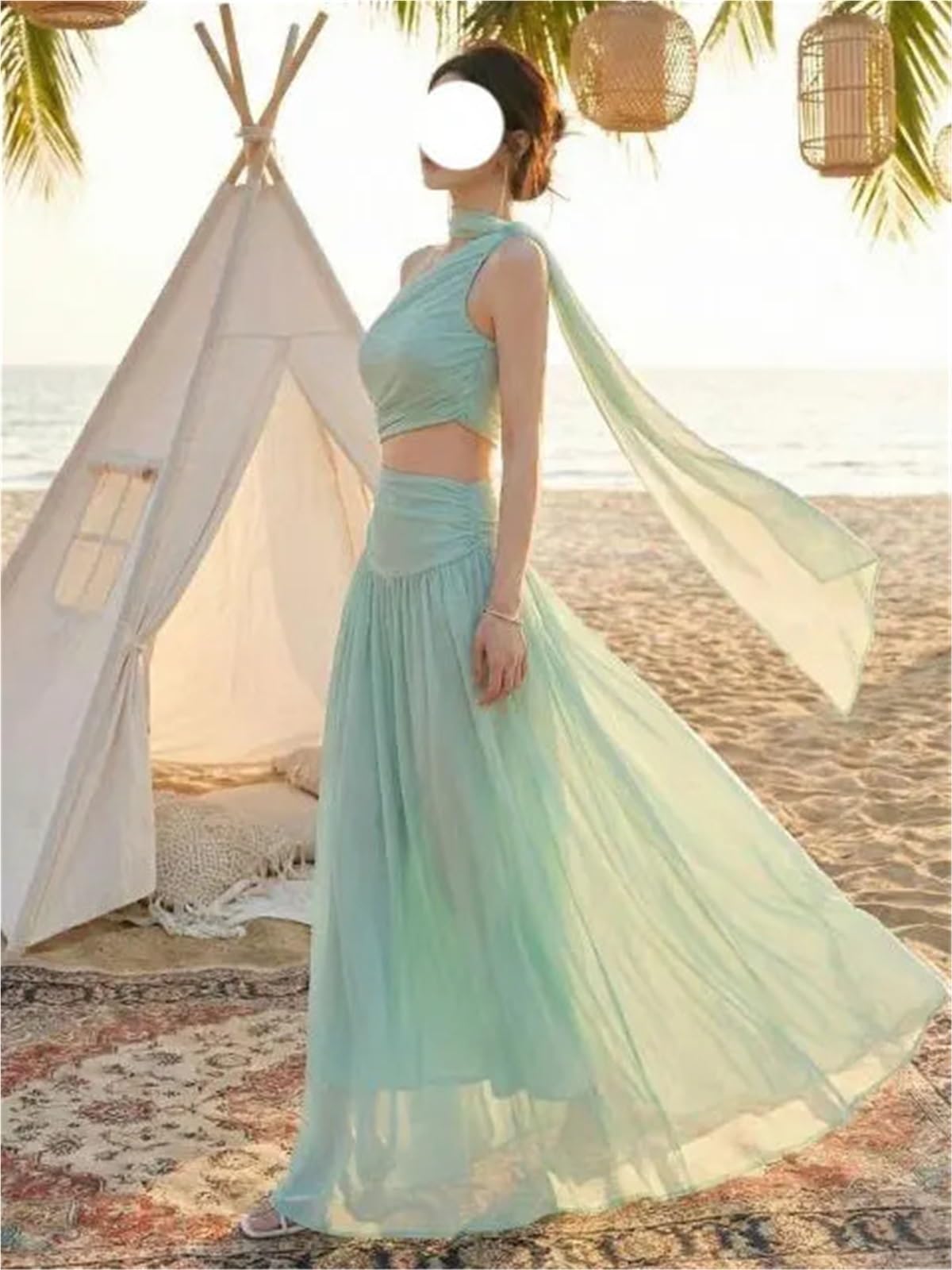 Vestido de Playa Verano for Mujer, Vestido Gasa sin Mangas con Hombros Descubiertos, Falda Irregular Cintura Alta Informal for Vacaciones, Estilo Cremallera