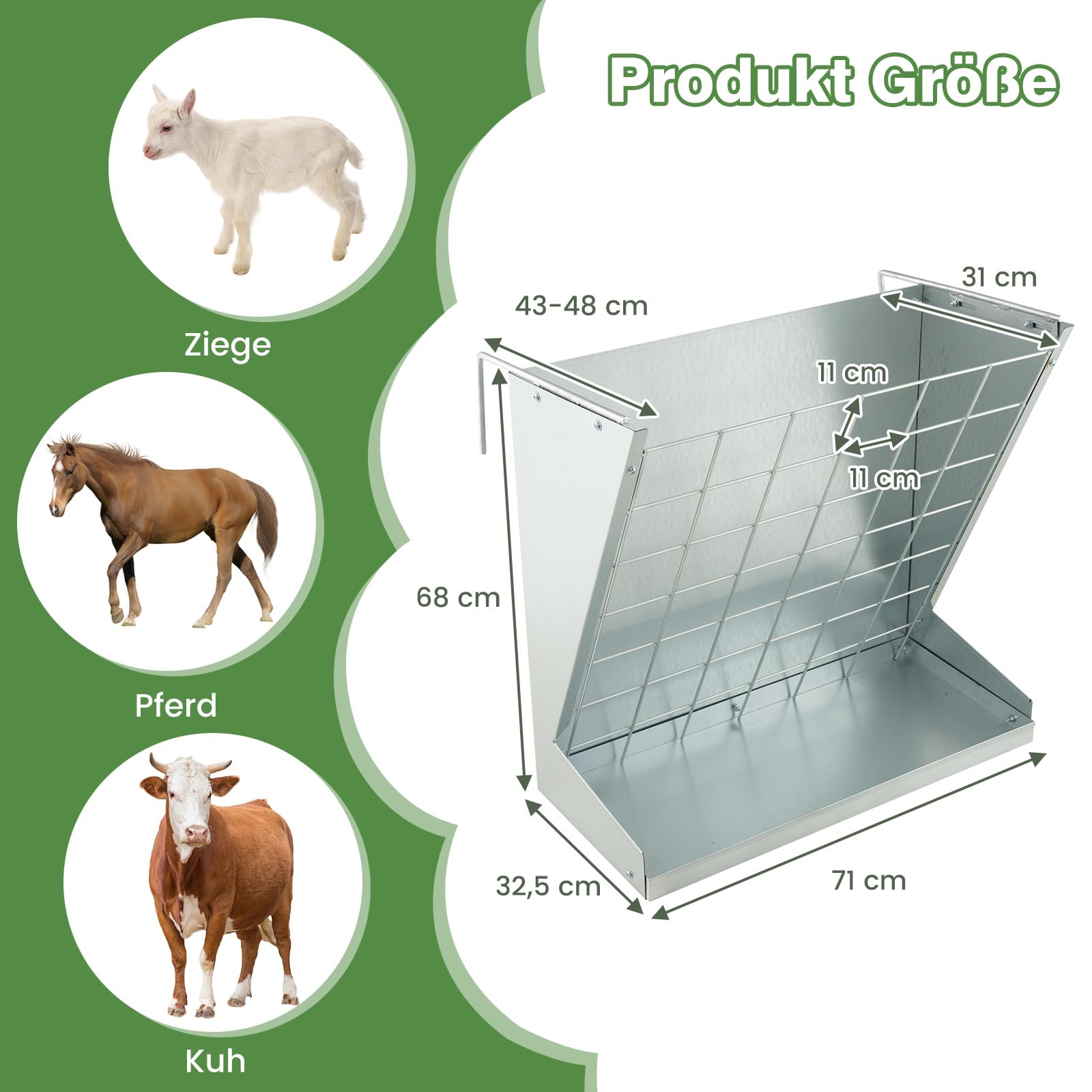 GYMAX Hängende Futterraufe 109L, Heuraufe für Heu & Getreide, Futterspender mit Futterspargitter & verstellbaren Haken, Futterstation für Ziegen, Schafe & Pferde, 71 x 32,5 x 68 cm