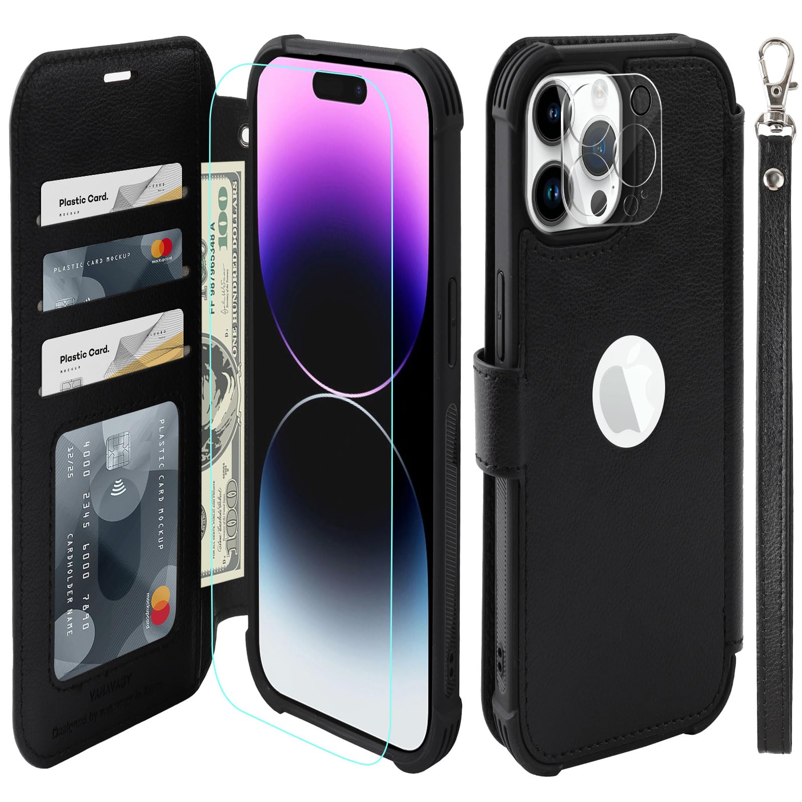 VANAVAGY Compatible for iPhone 15 Pro Wallet Case, 12ft Drop Protection, RFID Blocking PU Leather Flip Cover