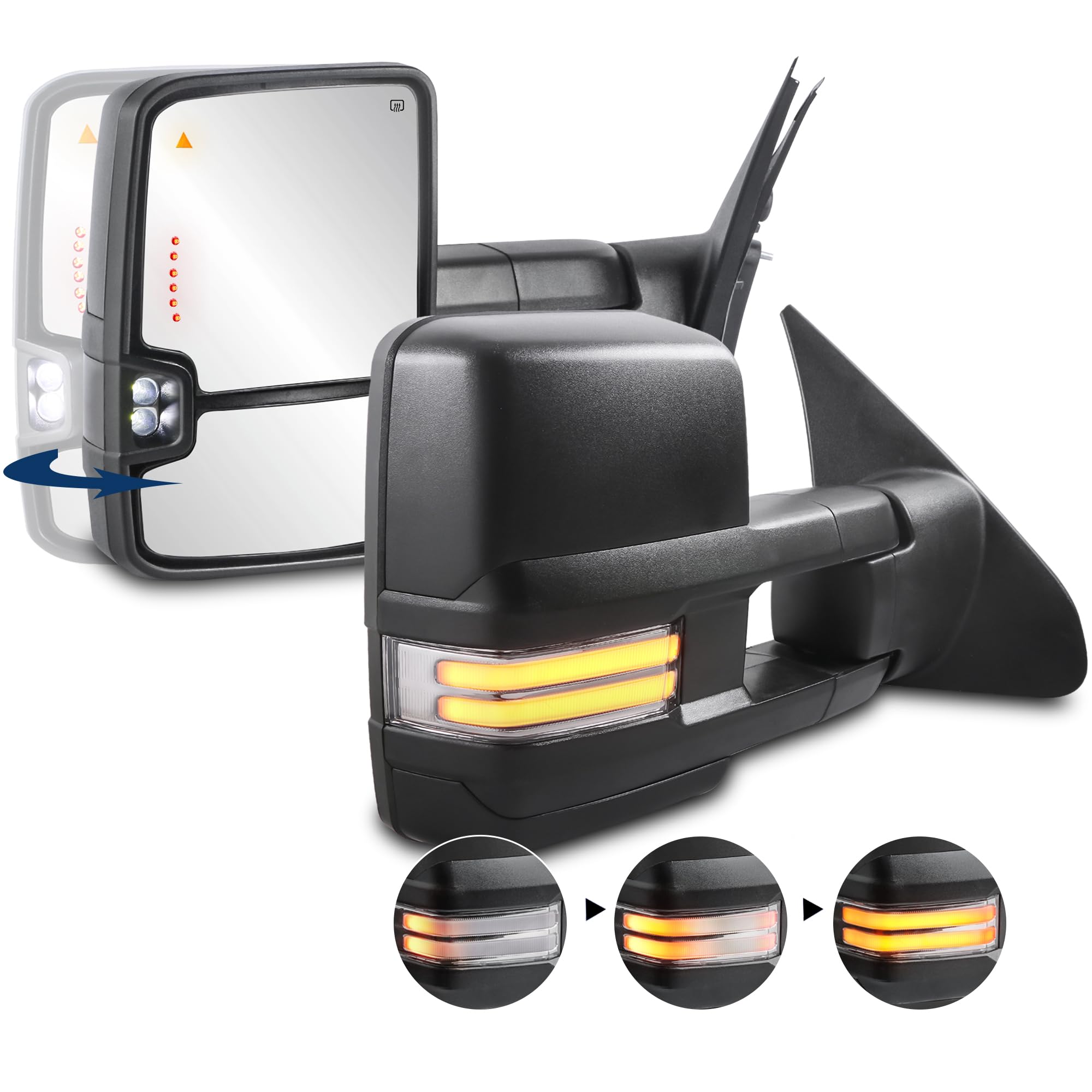 KUIPERAUTO Power Fold Towing Mirrors with BSM Compatible with 2007-2021 Toyota Tundra/ 2008-2021 Sequoia w/Sequential Turn light, Parking Lamp（ Black ）2PCS