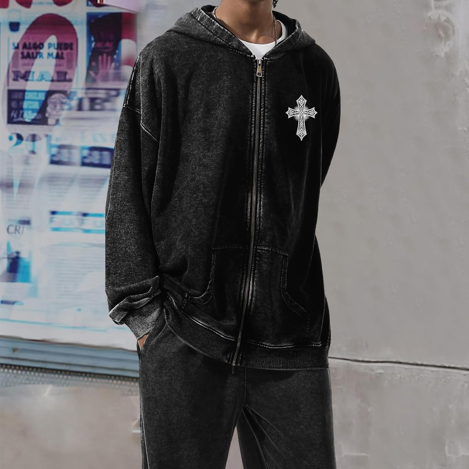 Vintage Goth Punk Zip Up Hoodies for Men Grunge Streetwear Oversized Gothic Cross Graphic Acid Wash Sweatshirt Tops - Image 4