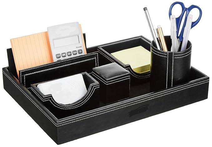 Genuine Leather Multipurpose Desk Organizer 6-in-1 Desktop Pen Stand Set With Business Card Mobile Holder & Remote Stand for Office Desk Table Storage Organizer Box 12.75x9 Inches (Black)