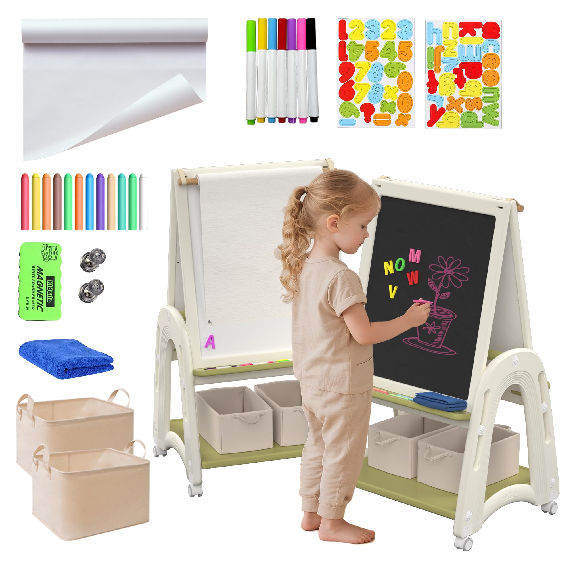 Hominewti 3 in 1 Lavagna per Bambini, Cavalletto per Bambini con Rotolo di Carta, Lavagna Doppia Lato Bianco e Nero, Altezza Regolabile, Cavalletto Mobile, per Ragazzi e Ragazze, Verde