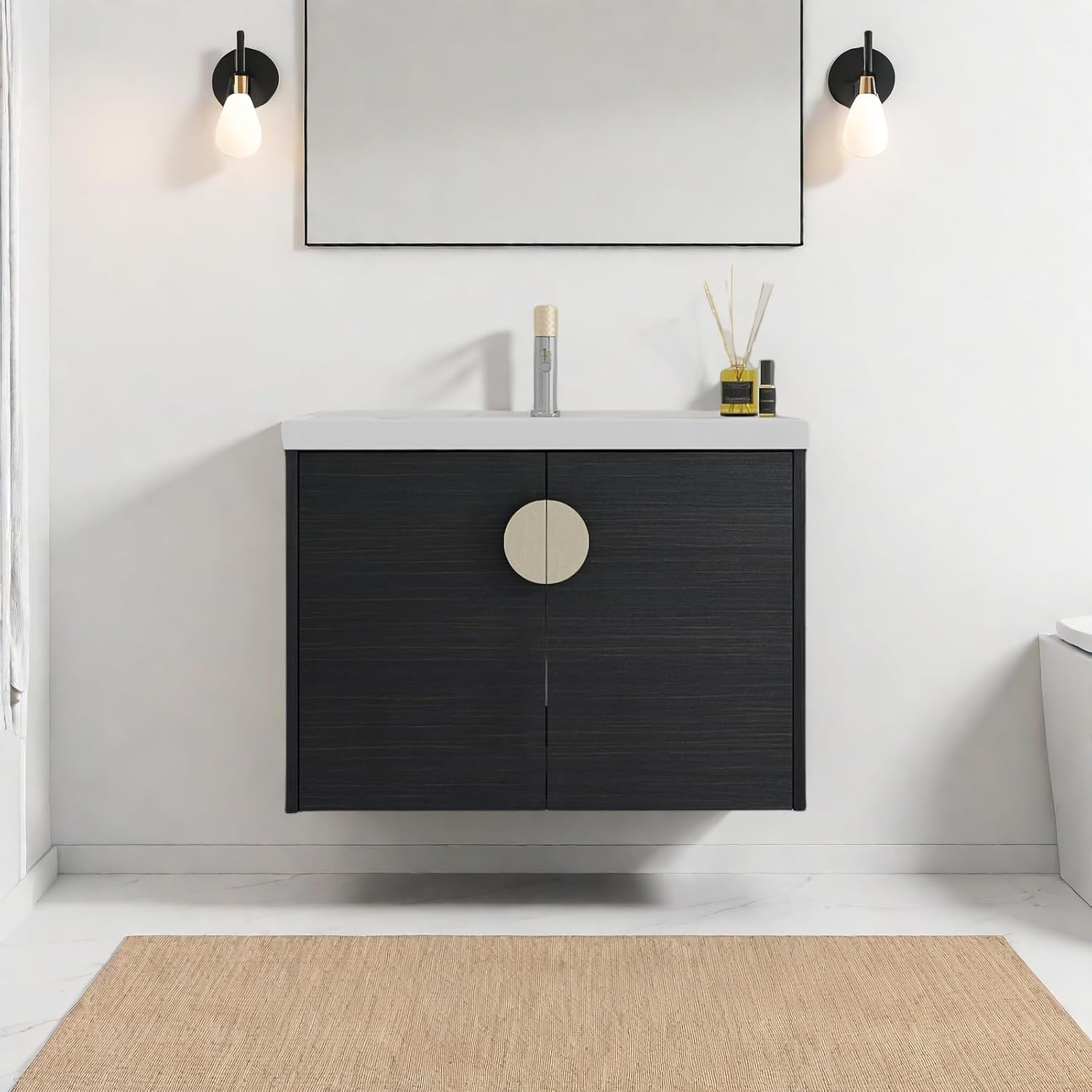 Floating Bathroom Vanity with Sink, 24" Wall-Mounted Vanity with Ceramic Basin & 2 Soft-Close Doors Cabinet, Small Bathroom Storage Cabinet with Metal Semi-Circle Handle, Black Chestnut