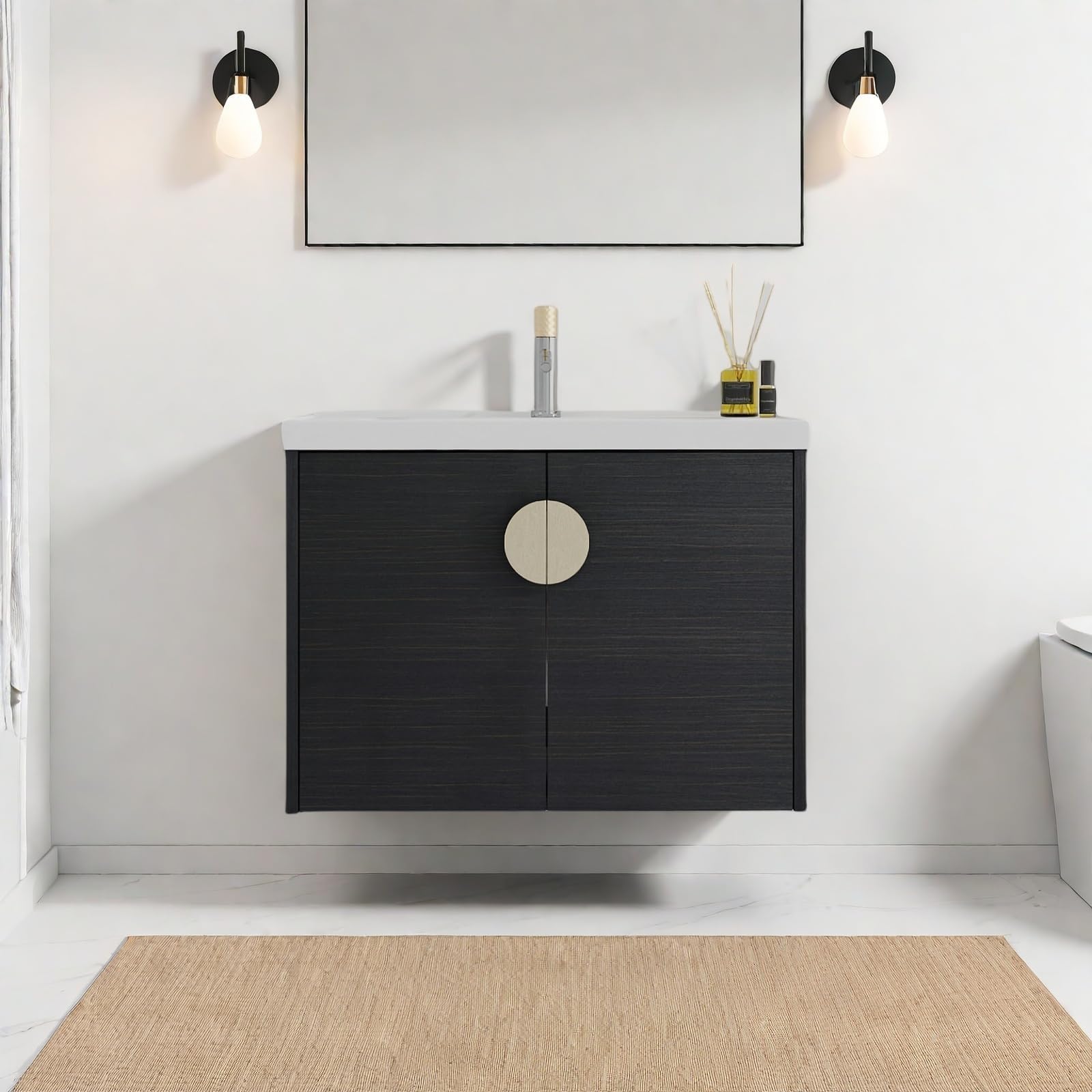 Floating Bathroom Vanity with Sink, 24" Wall-Mounted Vanity with Ceramic Basin & 2 Soft-Close Doors Cabinet, Small Bathroom Storage Cabinet with Metal Semi-Circle Handle, Black Chestnut