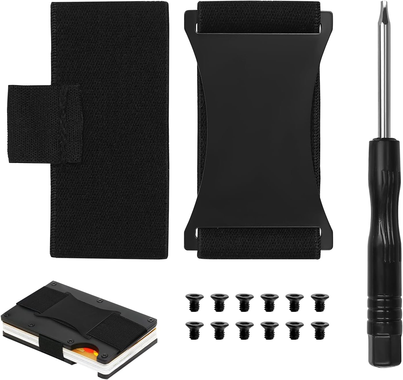 Wallet Replacement Parts Kit for Slim Metal Card Holder Wallet, Elastic Cash Strap Replacement with Screws & Screwdriver, Minimalist Wallet Repair Screw Kit, Black