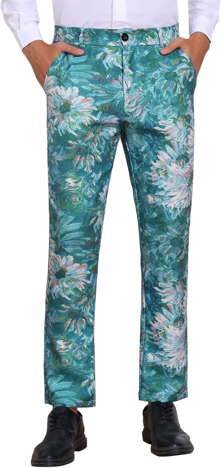 Lars Amadeus Floral Pants for Men's Pattern Trousers Straight Leg Flat Front Flower Printed Pants