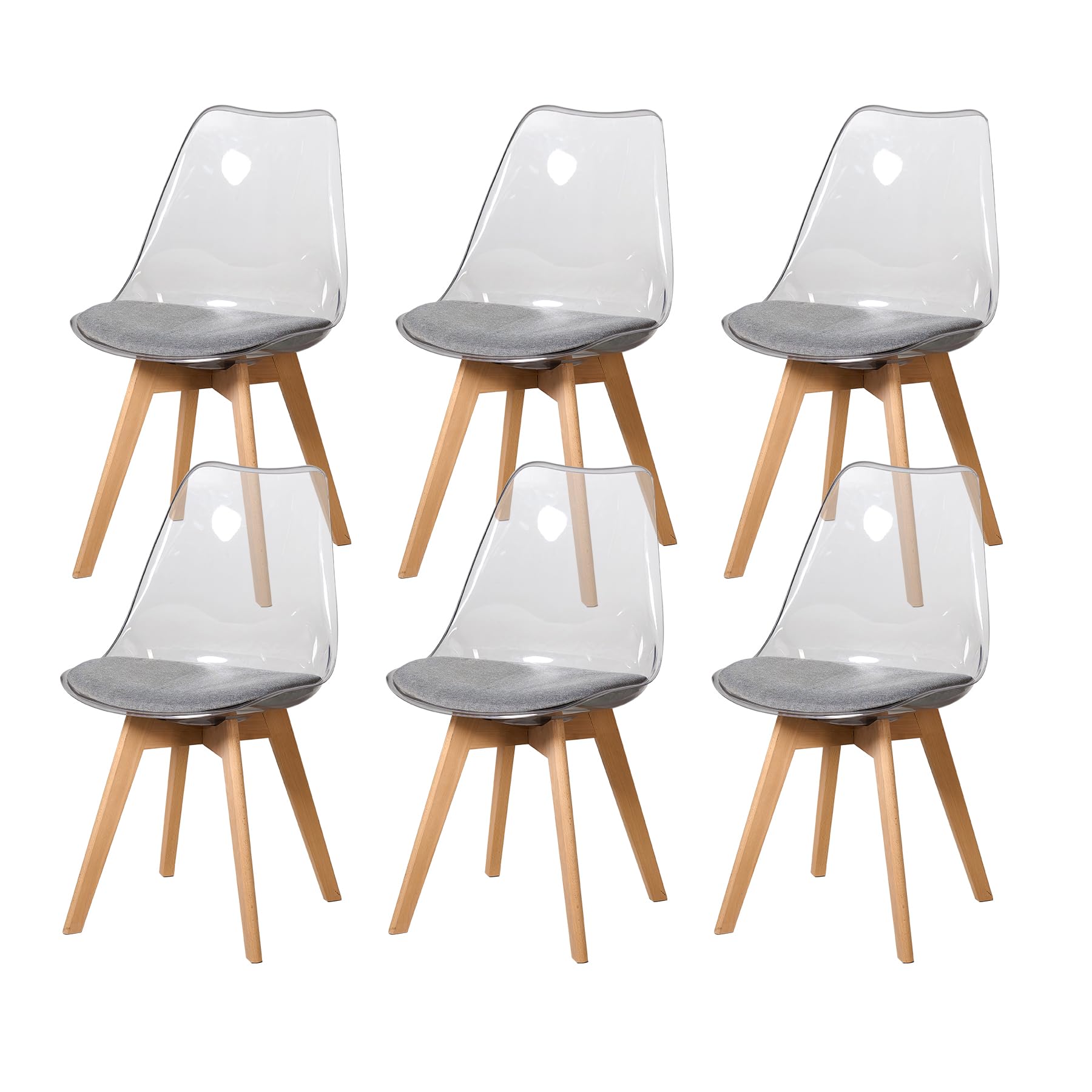 Juego de 6 sillas de Comedor de Estilo escandinavo, sillas Laterales de acrílico Transparente de diseño Retro, Silla de Cristal con cojín de Asiento de Lino (Gris-Lino)