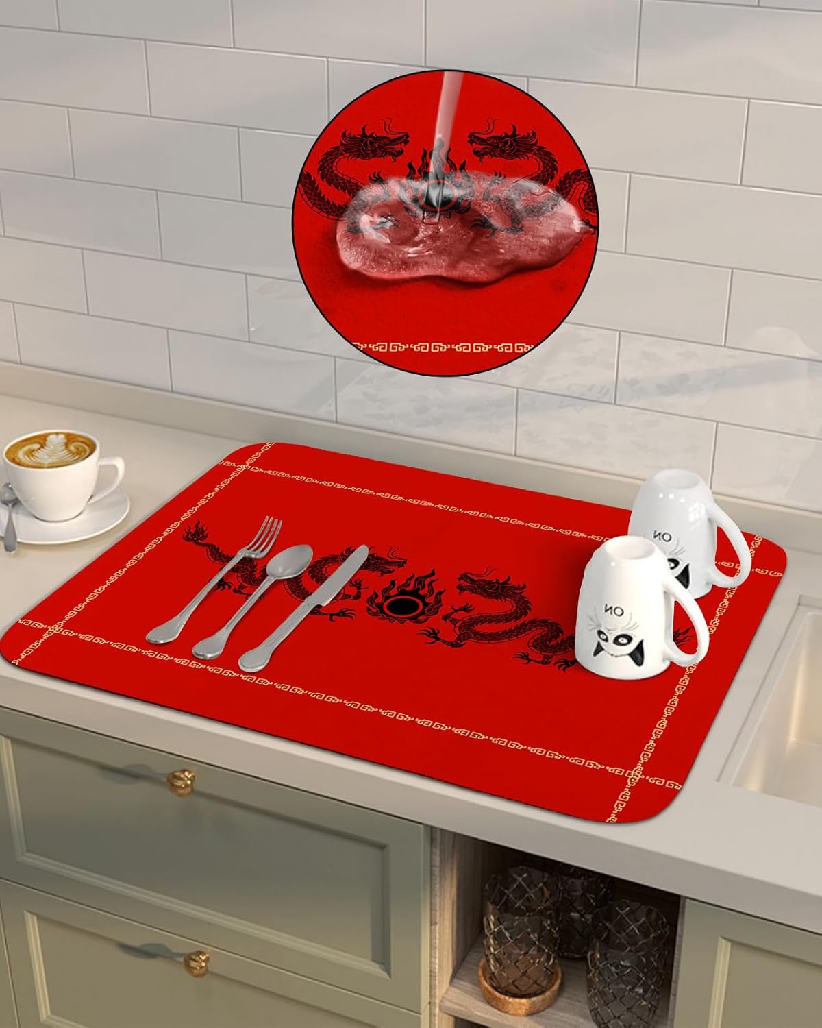 Traditional Dragon Dish Drying Mat for Kitchen Counter, Oriental Chinese Red Gold Black Absorbent Quick Dry Dish Dry Placemats, Countertop Dishes Drainer Mats Drying Pad Non Slip, 1 Pack, 18"x16"