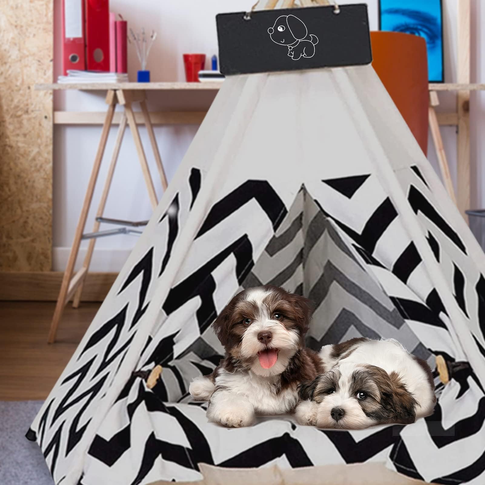 Tenda per Animali Domestici Cuccia 60x60x70cm in Tela Portatile per Cani e Gatti Rimovibile e Lavabile Pet Teepee Tipi con Lavagna Tende Gatti con Cuscino