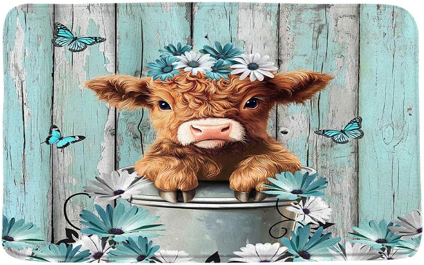 Funny Highland Cow Bath Mat Farm Teal Daisy Floral Rustic Western Farmhouse Animal Calf Country Wooden Board Microfiber Memory Foam Bathroom Rug Doormat Kitchen Toilet Floor Rug,24x48 Inch