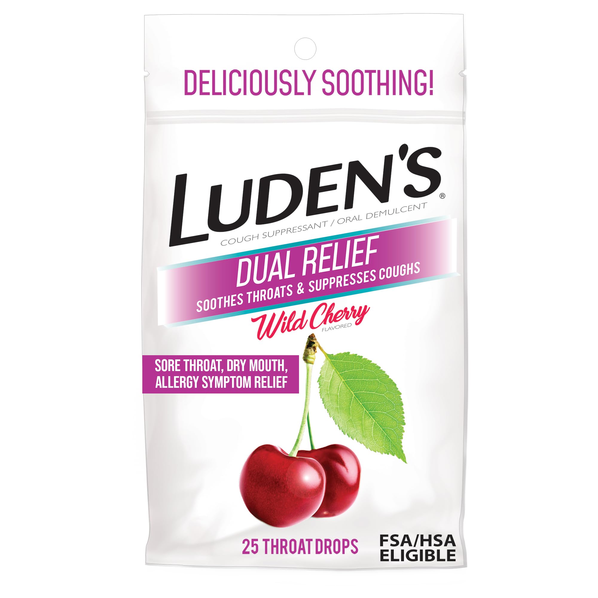 Luden's Dual Relief Cough Drops, Soothing Lozenges, Wild Cherry, 25 Count