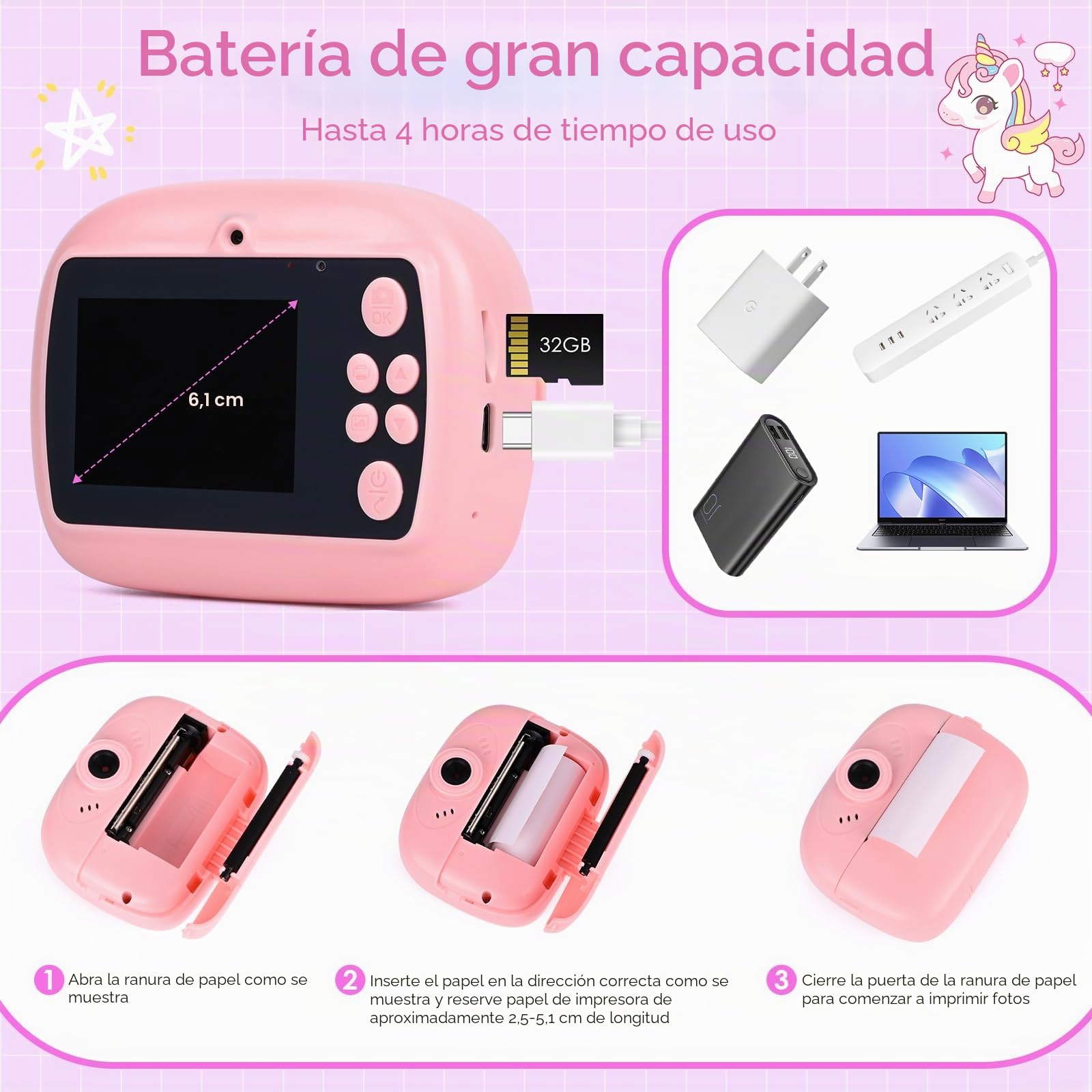 Camara Fotos Infantil Instantanea, Ambesty Camara Fotos Infantil, 2.4" HD Cámara Instantánea con Tarjeta 32GB y Papel de Impresión, 1080P HD Video Cámara, Regalos para Niños y Niñas de 3-12 (Rosa)