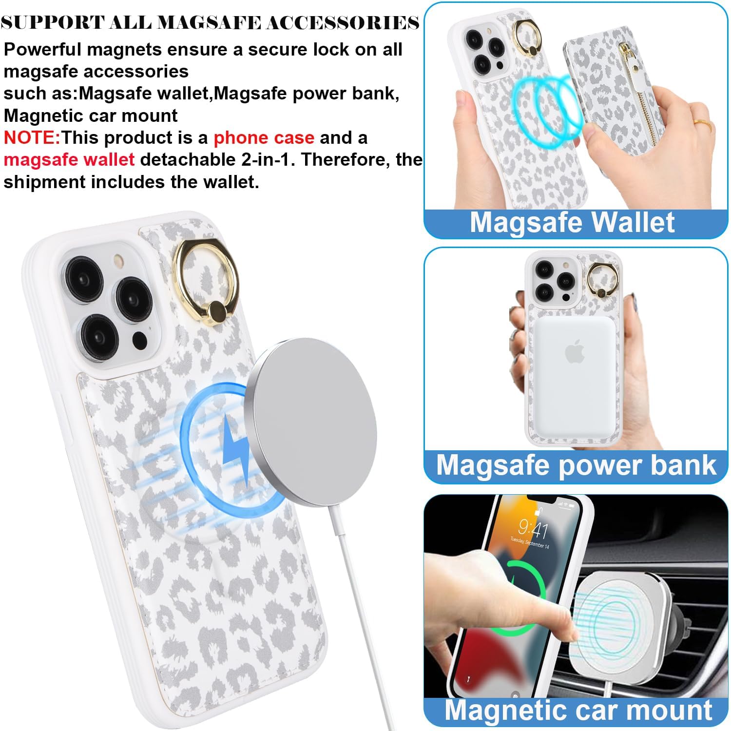 DEYHU iPhone 11 pro max case with Card Holder, iPhone 11 pro max Phone Case Wallet for Women magsafe Compatible Wallet Detachable 2-in-1 for Men-White Leopard