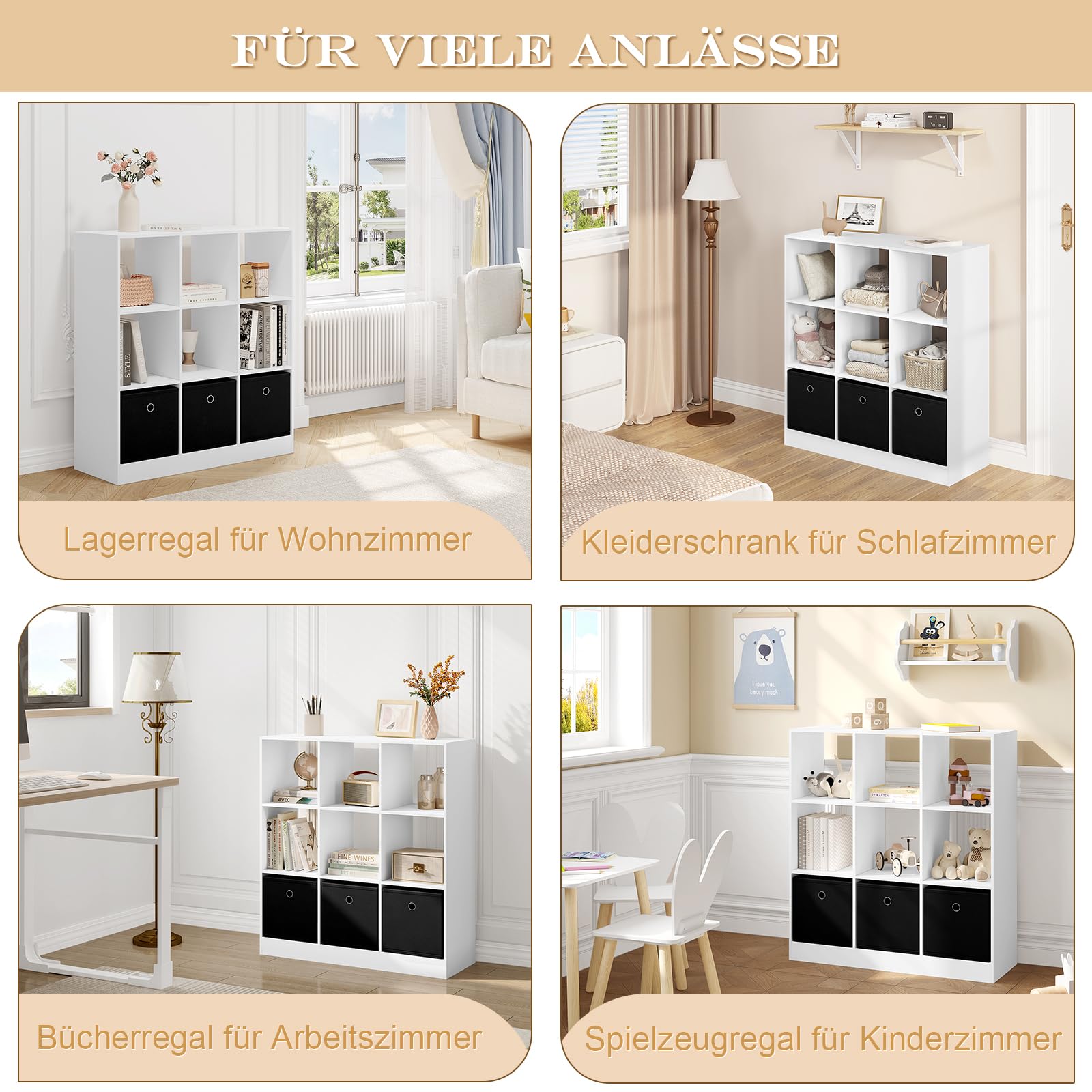 WOLTU Bücherregal Bücherschrank Standregal Würfelregal Aufbewahrungregal Raumteiler Büroregal, mit 9 Fächern 3 Schubladen aus Vliesstoff, für Wohnzimmer Schlafzimmer Büro, Weiß, SK041ws