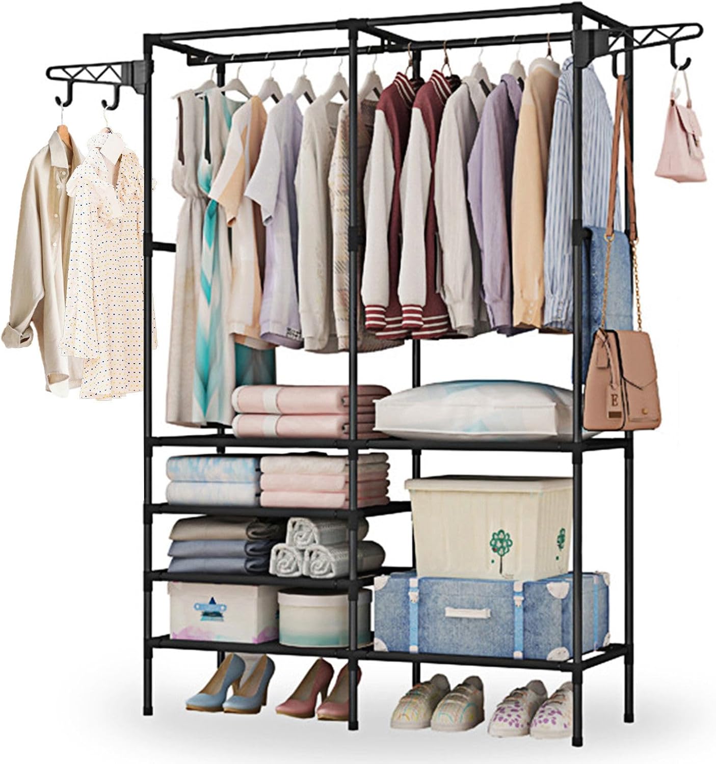 TeqHome Clothing Rack Clothes Rack, 66" Multifunctional Garment Racks for Hanging Clothes, 4 Tiers Portable Closet Racks with 4 Hooks & 2 Hanging Rods,Metal Freestanding Closet Wardrobe System (Black)