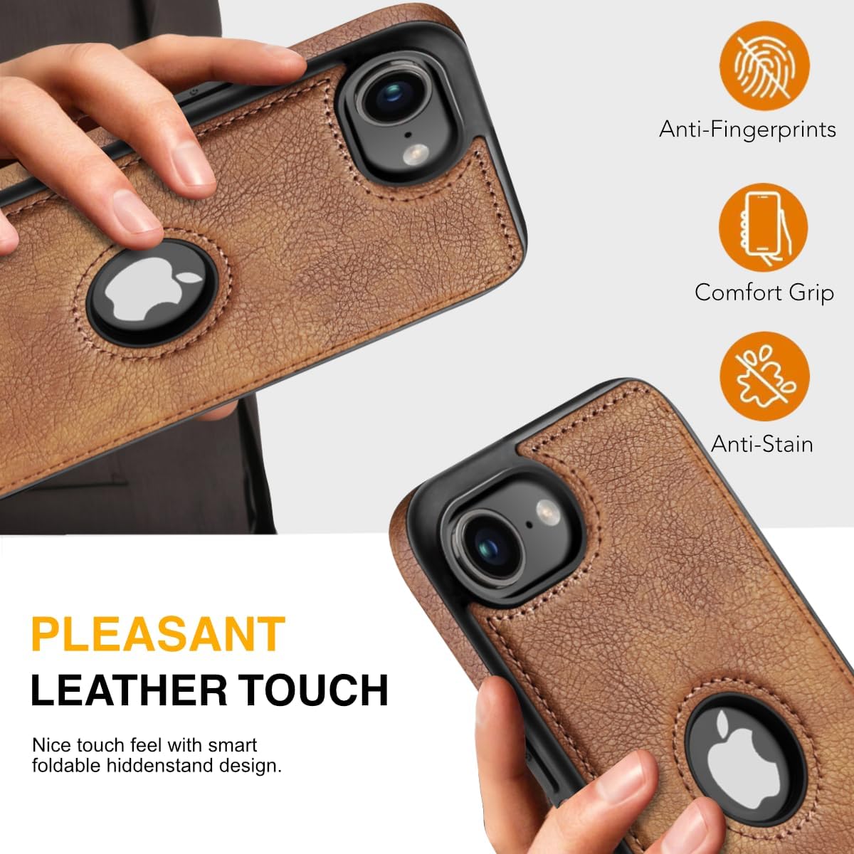 for iPhone 16E Leather Case with Hidden Alloy Stand, Logo View Vintage Leather Protective Kickstand Phone Cover 2025 6.1 Inch (Brown) - Image 3