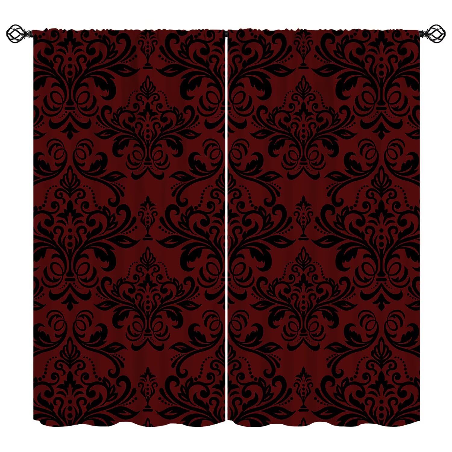 moderw Vintage Damask Floral Curtains Red Black Oriental Antique Window Treatments for Bedroom Luxury Gothic Bohemia Flowers Blackout Window Drapes for Farmhouse Living Room W84xL84in
