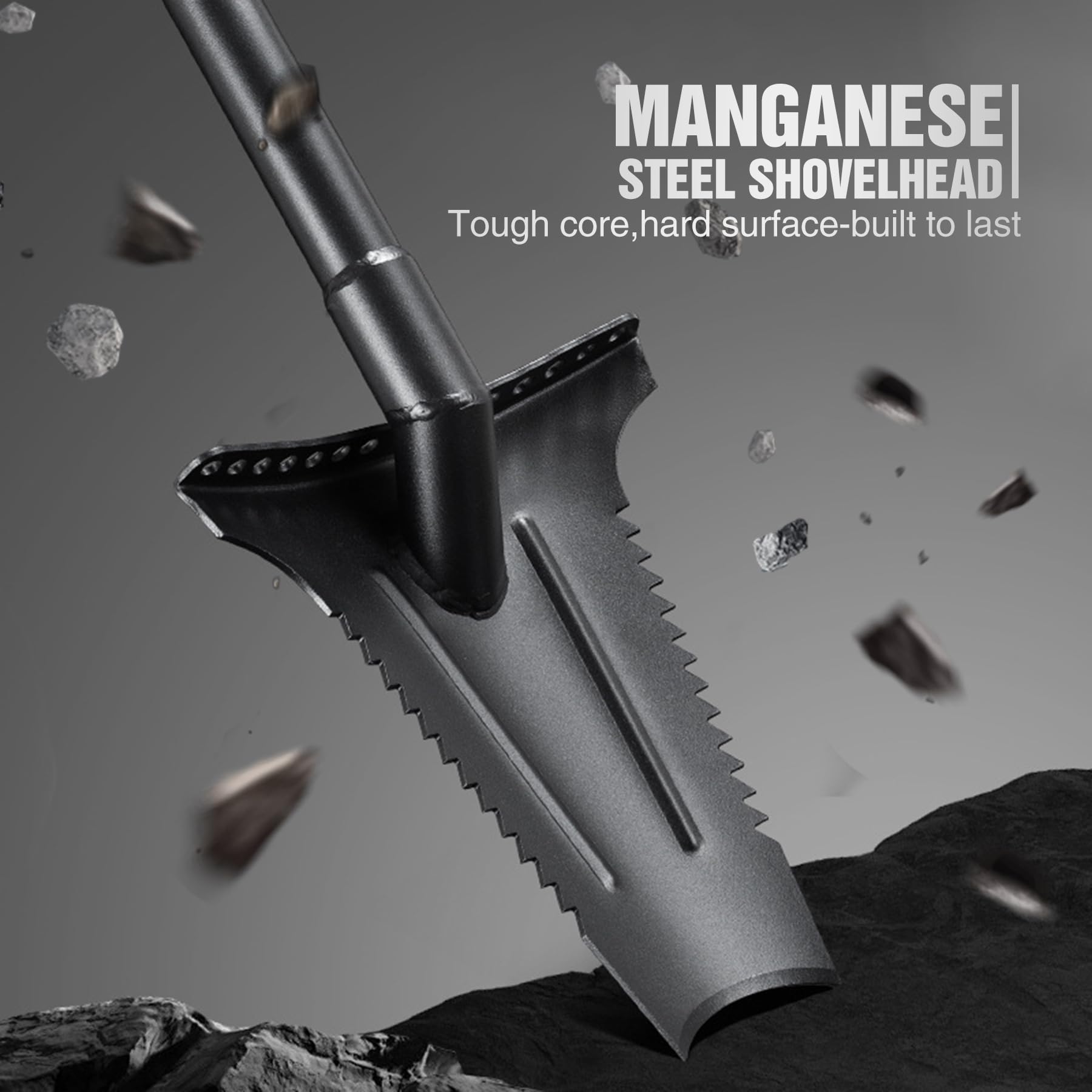 Pala con sierra de raíz | Ajustable 80 y 116 cm con mango ergonómico y borde ancho | versátil pala de raíz para jardín, camping, exterior, zanja