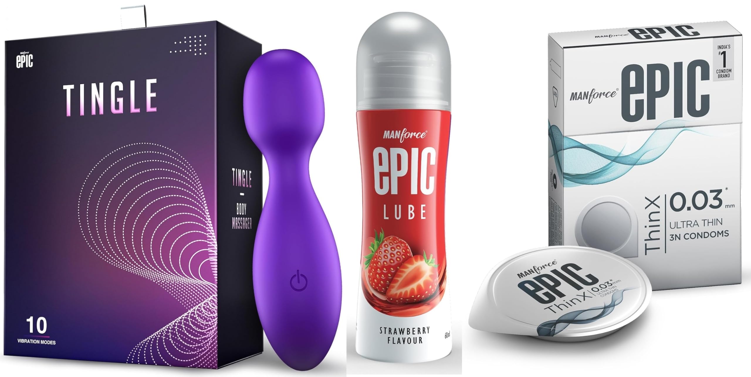 Manforce Epic Tingle Massager | 10 Vibration Modes,Epic Lube | Strawberry | 60ml | Water-based & Epic ThinX | Ultra Thin Condoms with Easy Peel Pack | 3 Pcs-image-43