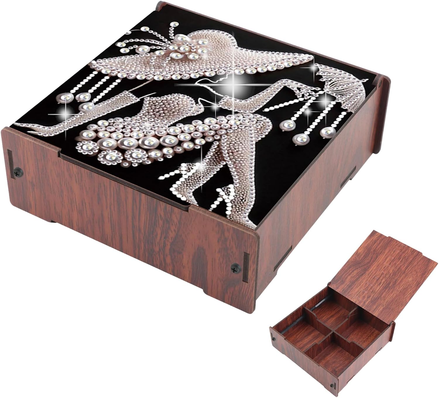 FRANDEK Pearl Girl Diamond Art Storage Box, DIY Wooden Jewelry Organizer with 4 Adjustable Compartments, Handmade Craft Kit for Adults Gift, Perfect for Beads Ring Accessories Home Vanity