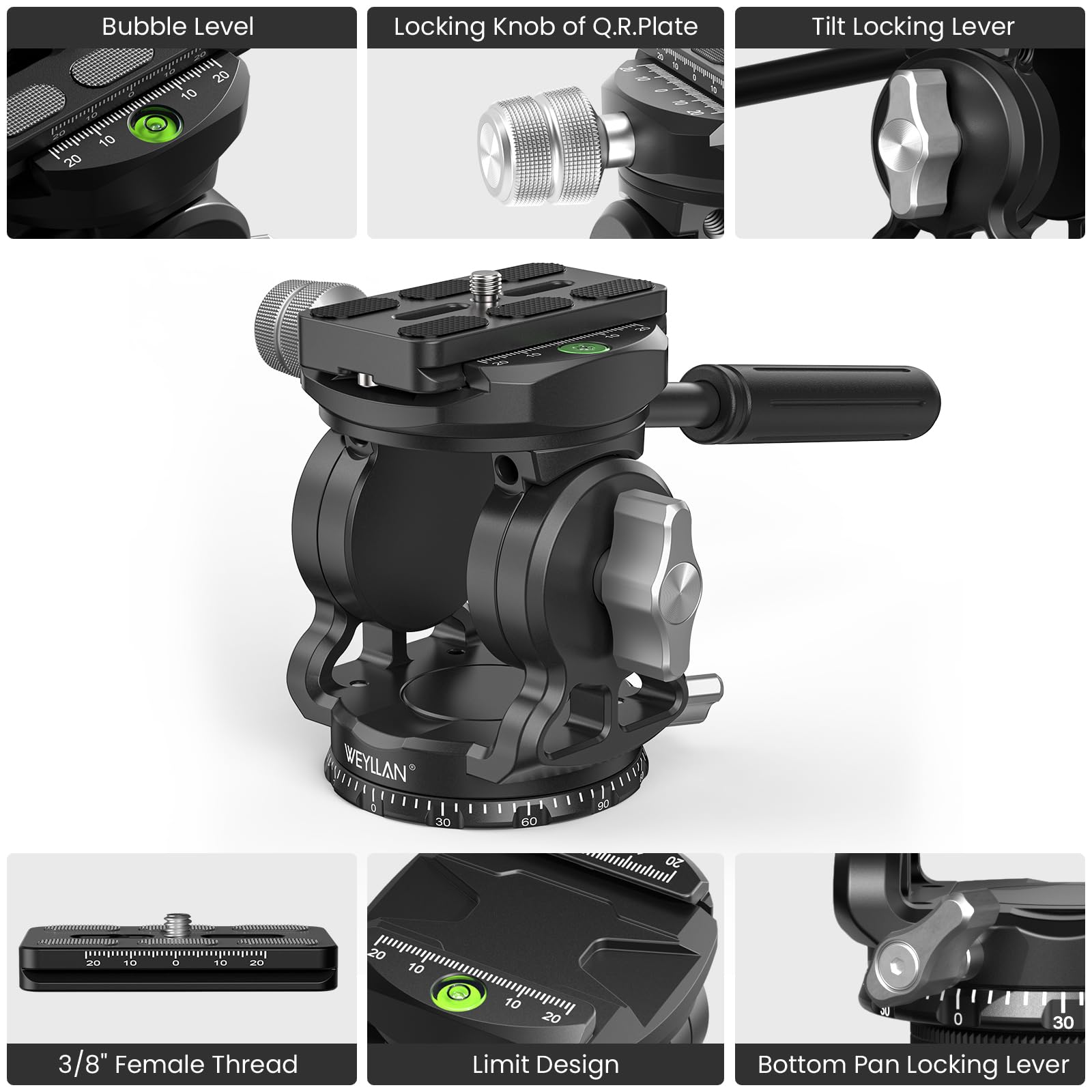 WEYLLAN Tête de trépied VH7 pour appareil photo avec plaque Arca Swiss Quick Release Plate, Fluid Head Trépied pour appareil photo reflex numérique, trépied panoramique en métal, tête fluide, charge
