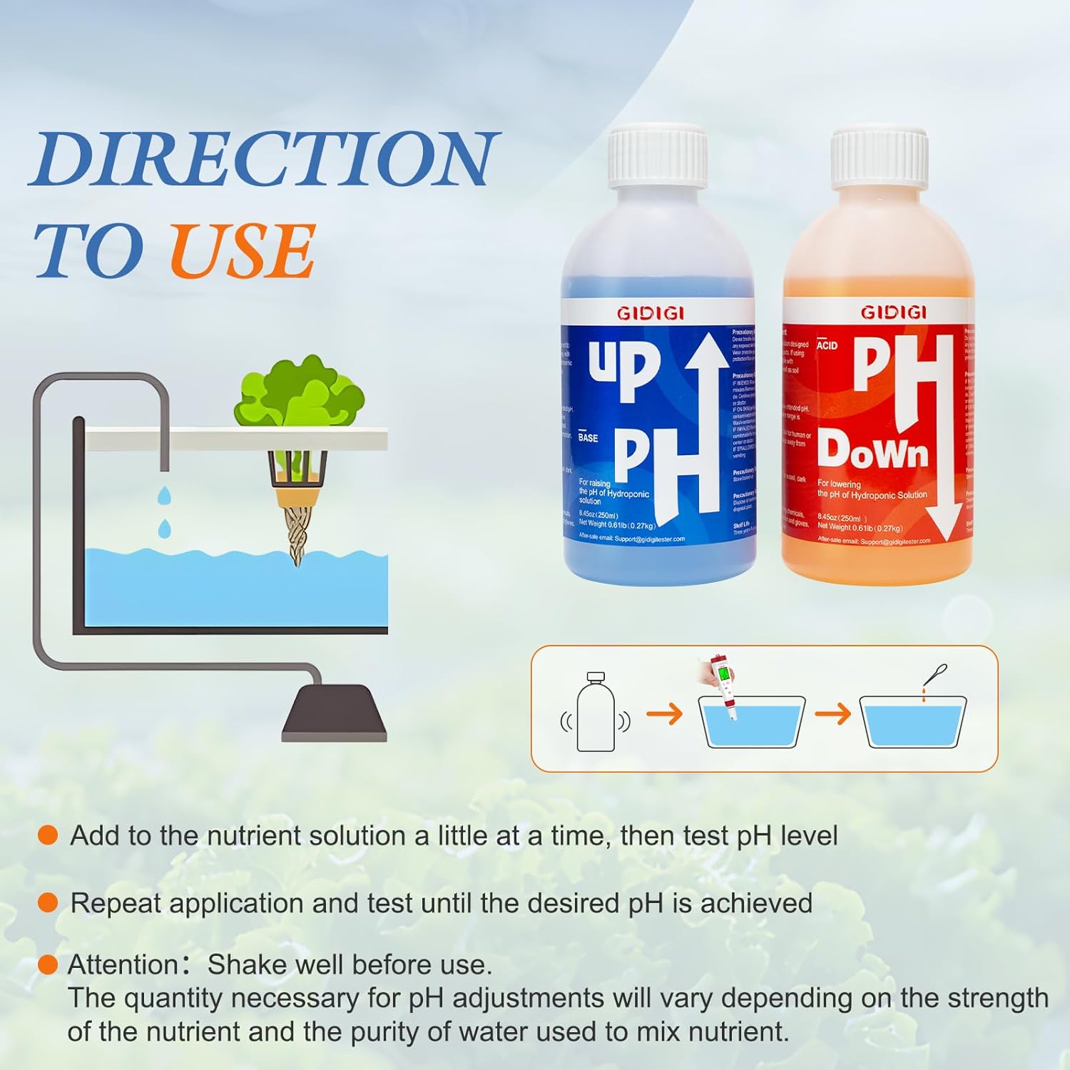 Hydroponics pH Up Down Solution pH Control Kit,pH Adjuster for Hydroponic, Aquaponic, Balance Nutrient Solution, Include pH Test Strips(8.45oz/250ml)