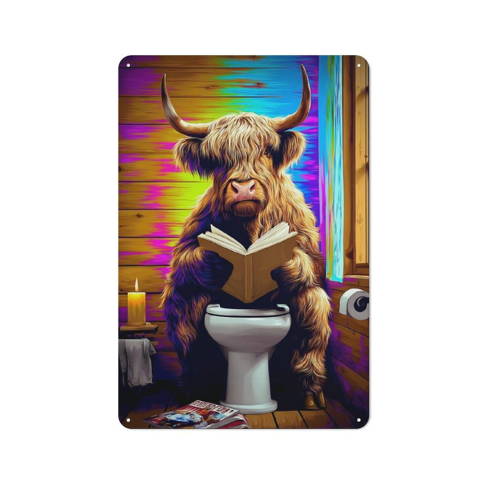 Junmoney Highland Cow Reading In The Bathroom -2 Clean Industrial Industrial Metal Sign 30X20cm, Studio Wall Art For Loft, Studio, Office Or Creative Room