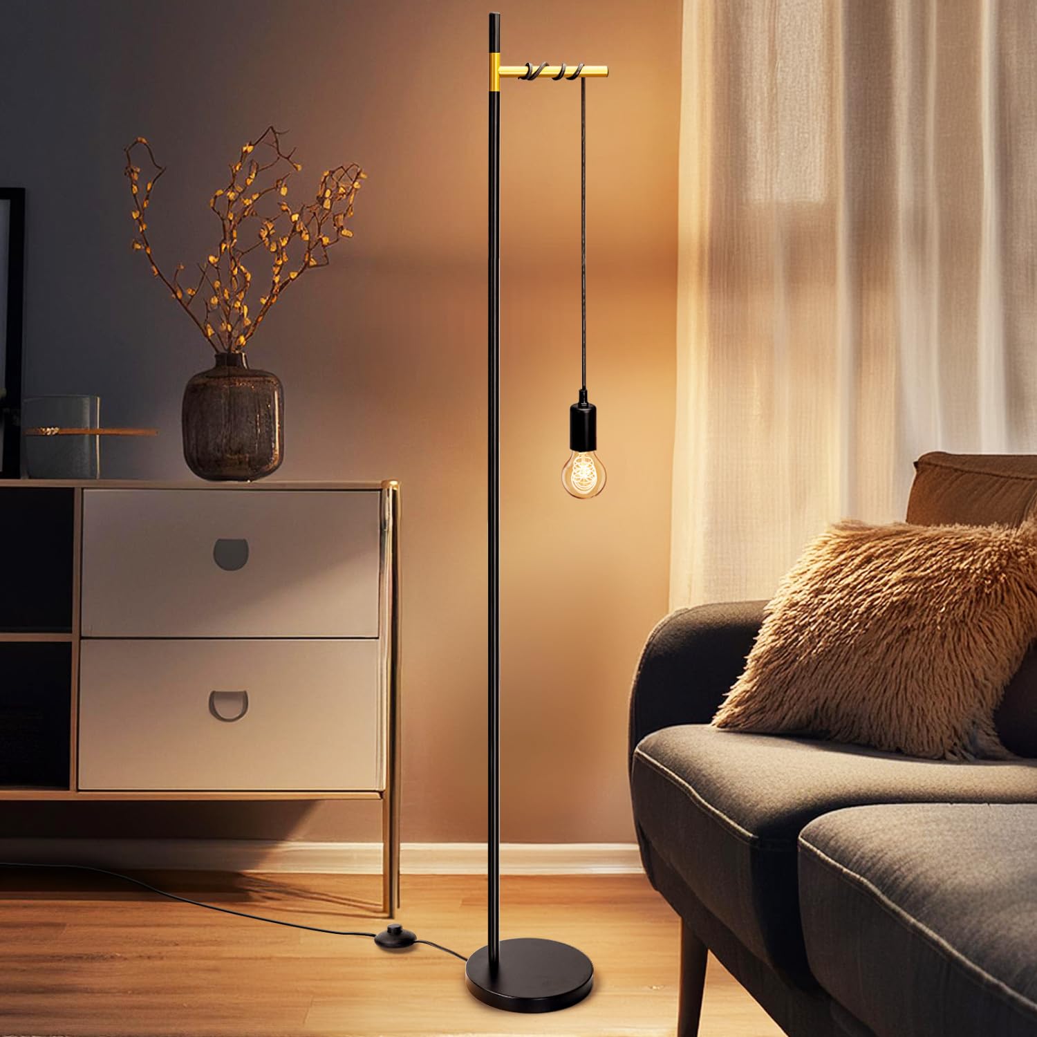 Lampada Da Terra Ad Arco Vintage Nero E Oro - Piantana Orientabile Con Interruttore A Pedale Per Salotto - Foto 4