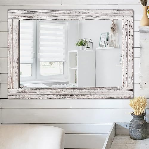 Miniatura 5 de AAZZKANG Espejo de pared grande de 26 x 18 pulgadas, espejo rectangular de madera rústica, decorativo, granja, dormitorio, baño, decoración de pared