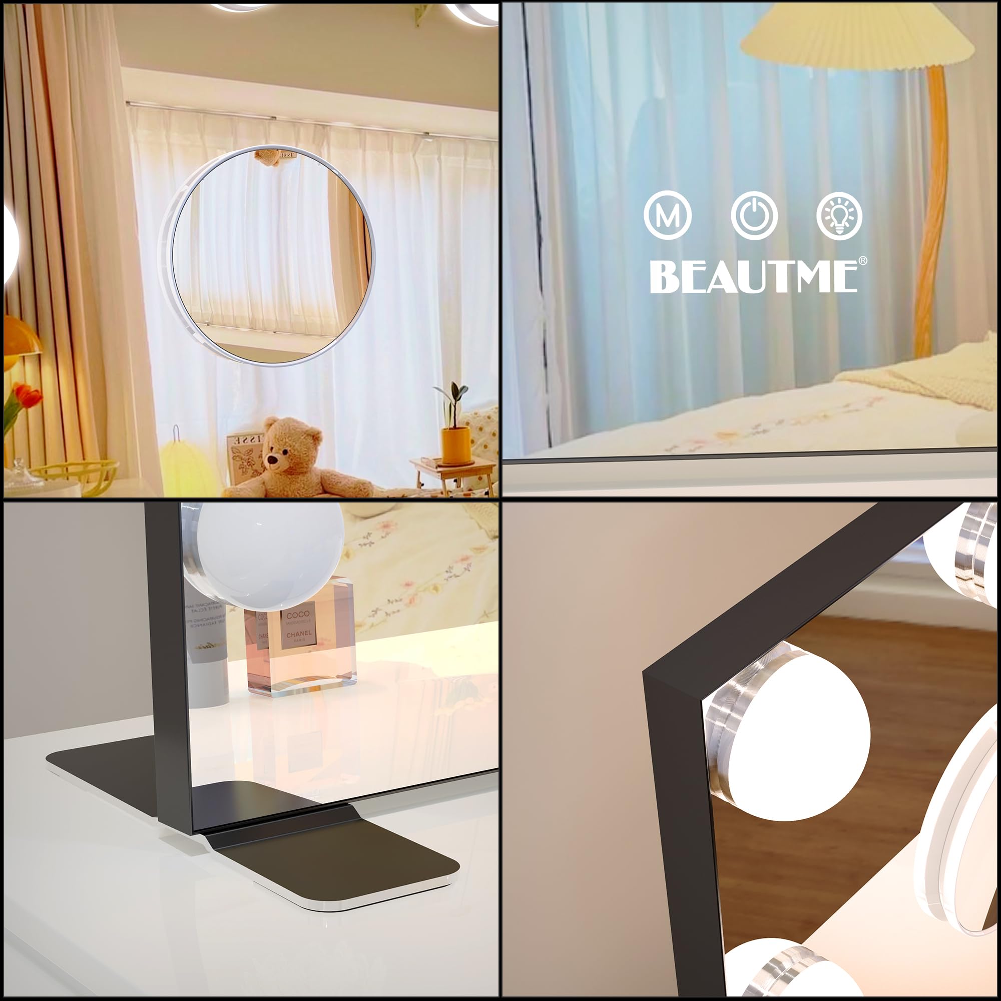 BEAUTME Hollywood Specchio Trucco con Luci, 91x62 cm Specchio Trucco con 16 Lampadine LED, 3 modalità di Illuminazione, Controllo Touch,10X Ingranditore, Montaggio su tavolo o a parete,Nero