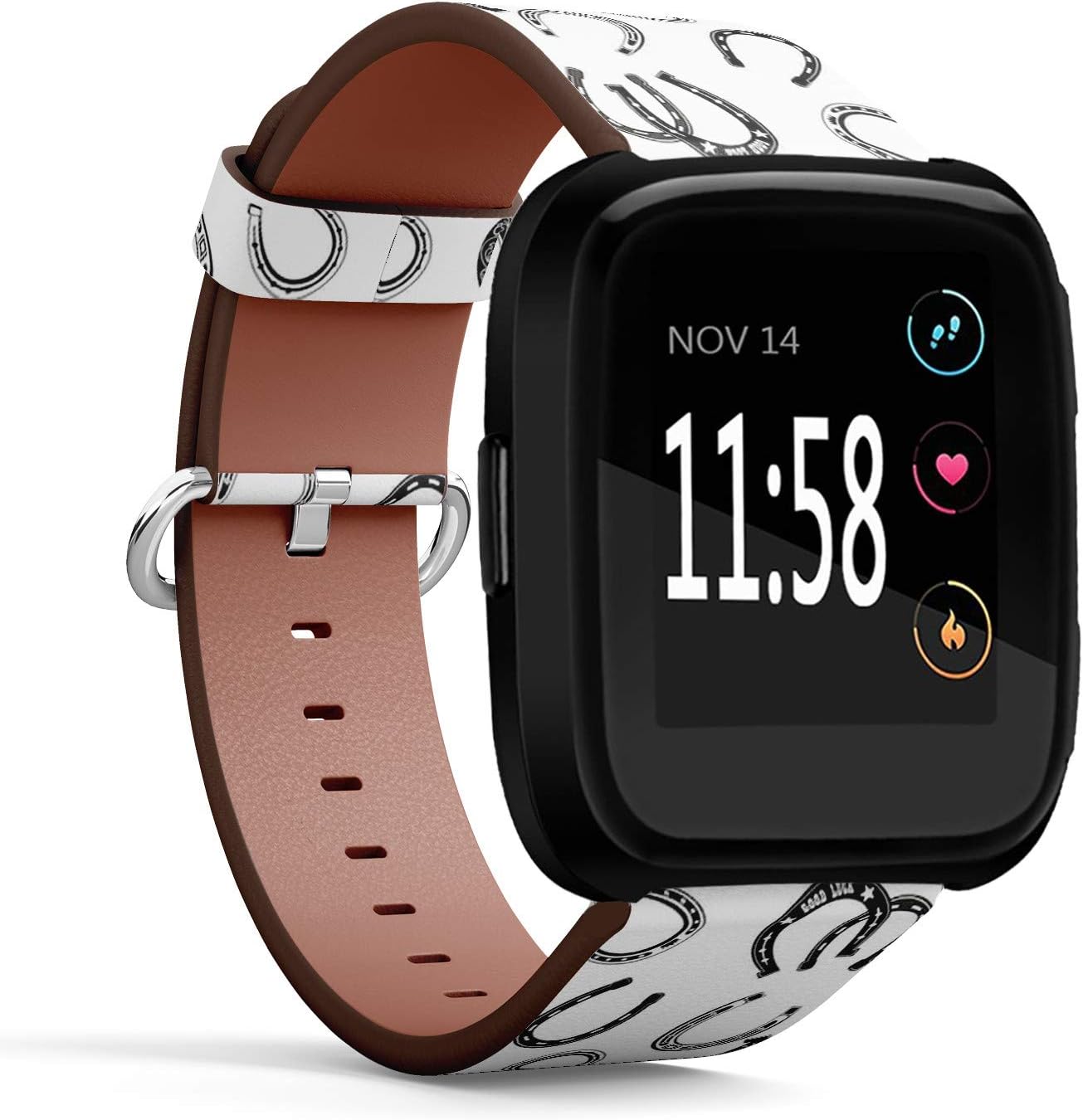 Q-Beans Watchband, Compatible with Fitbit Versa, Versa 2, Versa Lite - Replacement Leather Band Bracelet Strap Wristband Accessory // Horse Shoe Icon Pattern image 2