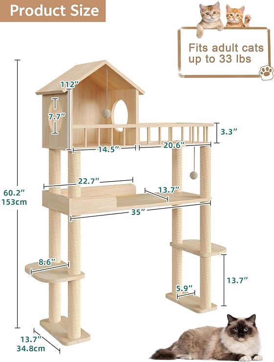 Wood Cat Tower for Automatic Litter Box, 4 Tier Cat Tree, 60 Inch