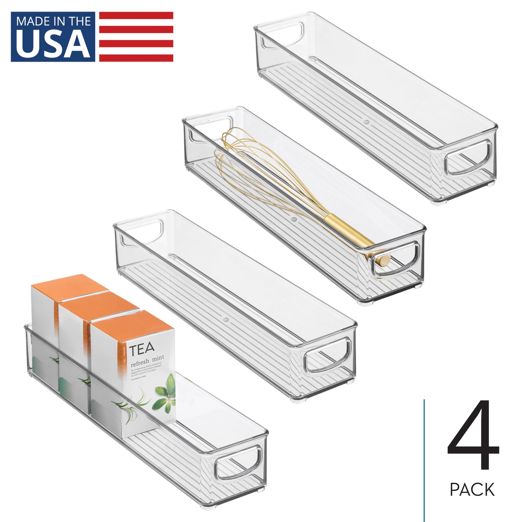 iDesign - Contenedores apilables de plástico para despensa con asas, contenedores de almacenamiento para organizar la cocina, juego de 4, transparentes