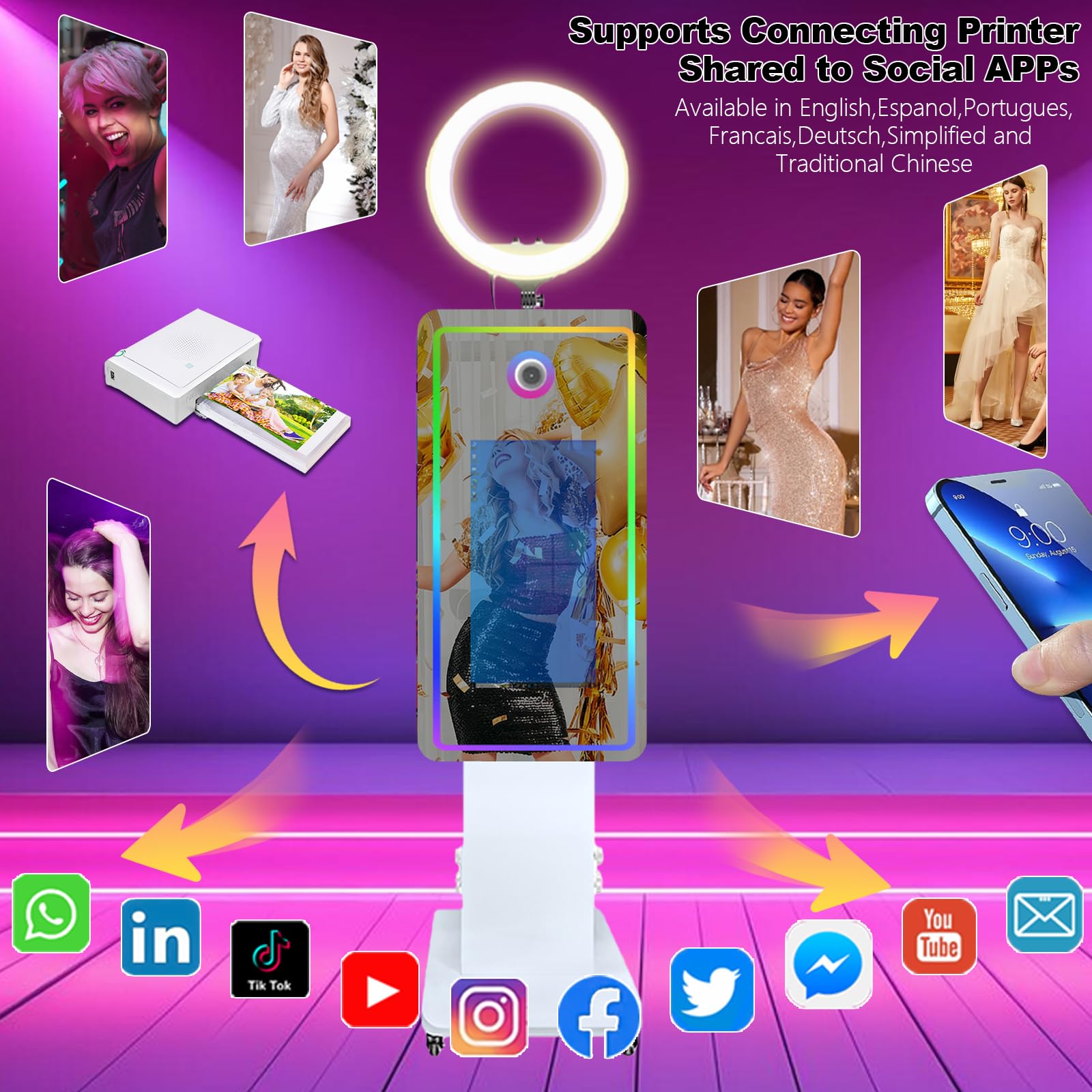 Cabina fotografica a specchio magico con touch screen da 21,5 pollici, macchina fotografica con luce RGB, stampa e condivisione di idee per feste a noleggio (bianco, macchina per foto e foto)