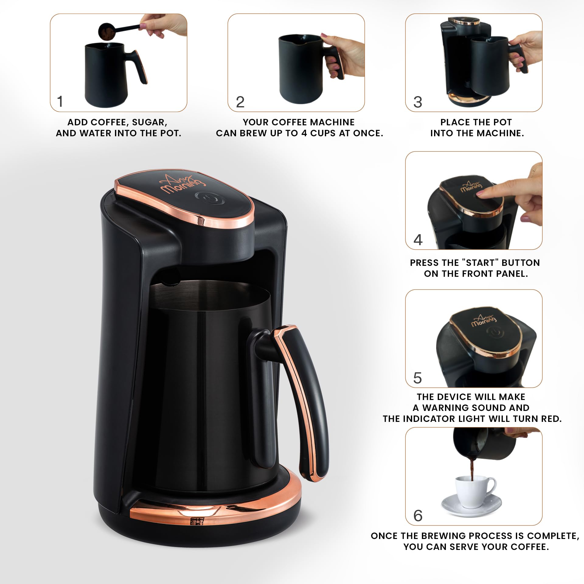 Any Morning LI23201S Türkische Kaffeemaschine 250 ml, 4 Tassen, Auto-Aus | Edelstahlkanne mit Doppelausguss, Brauerkennungssensor, Touch-Start, 400 W, kompakt, Trockenkoch- und Überhitzungsschutz