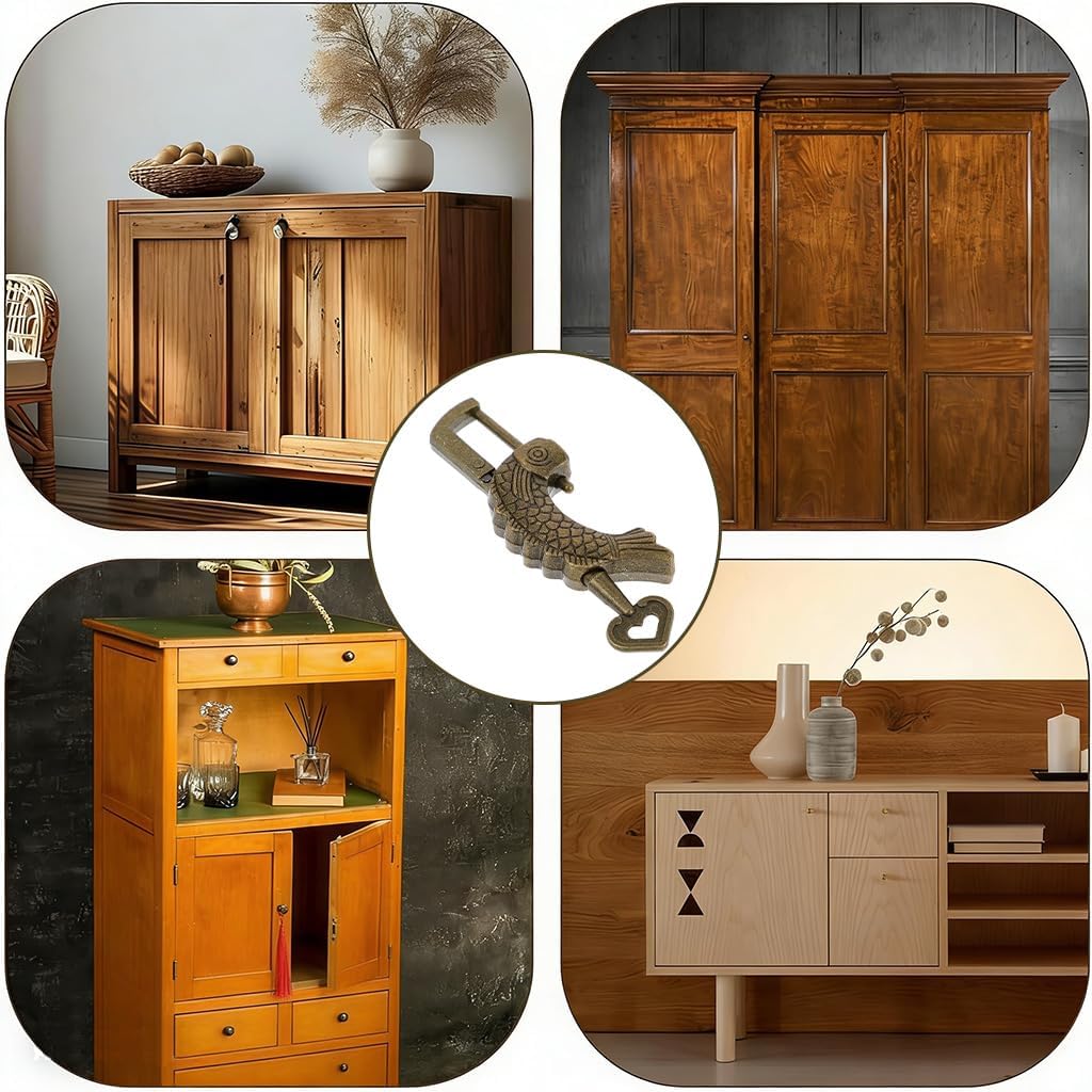 HASTHIP® Vintage Fish-Shaped Padlock with Key, Embossed Antique Jewelry Box Lock, Retro Zinc Alloy Lock for Wooden Box, Cabinet, Storage Chest, Decorative Old-Style Hardware