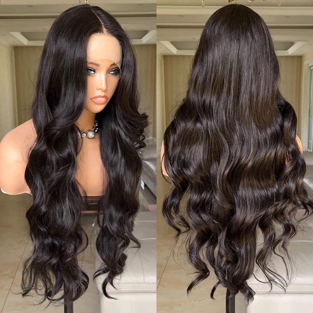FABÉLLE 30 Inch Lace Front Wig Body Wave Wig Pre-Plucked with Baby Hair Natural Color Glueless Wig for Women Curly Wave Synthetic Lace Front Wig