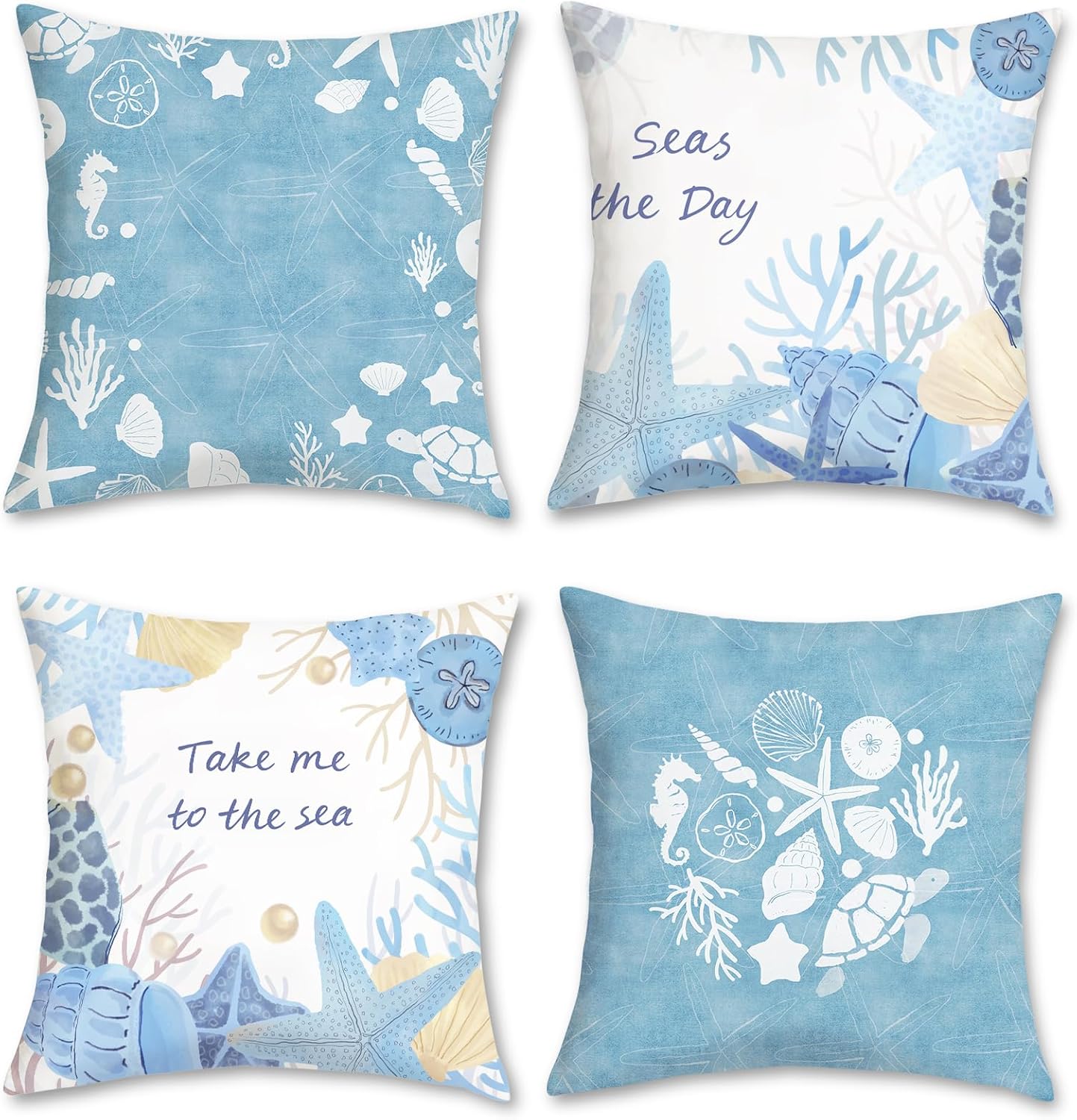 COZZSNUGE Coastal Decorative Cushion Covers Set Of 4 - 45x45 Cm, Velvet, Starfish, Seahorse, Turtle Print