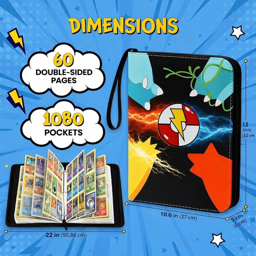 1080 Pockets Card Binder – Premium 9 Pocket Trading Card Album with 60 Double-Sided Sheets | 3-Ring Zipper Collection Book | Waterproof Card Holder with Wrist Strap