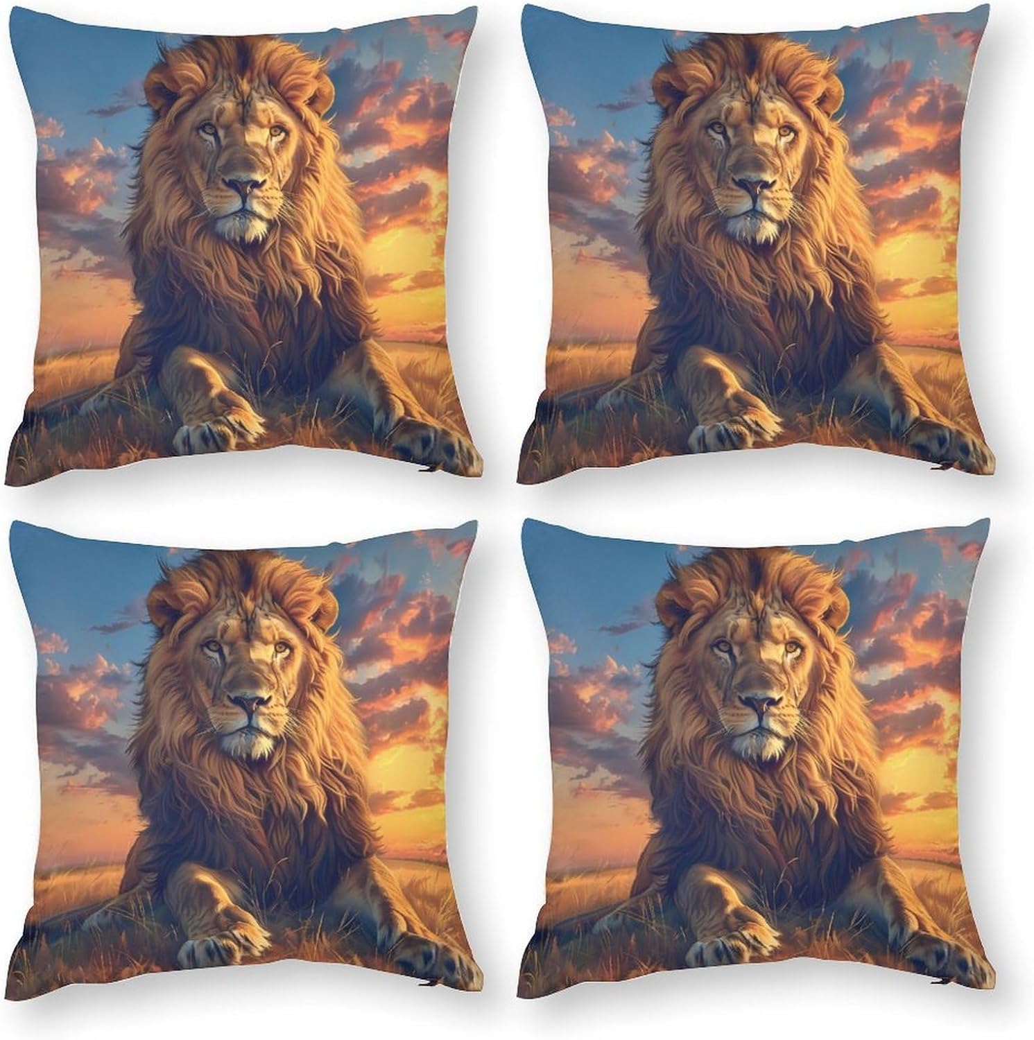 Adult Male Lion Sunset Printed Throw Pillow Case 4 Pcs Soft Pillowcases Pillows Covers Sofa Bed Decor 12/14/16/17/18/20/22/24/32 Inches